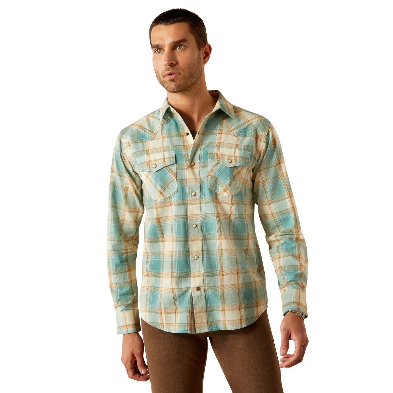 Ariat Men's Hardin Retro Fit L/S Western Shirt. Man wearing a plaid shirt on a white background