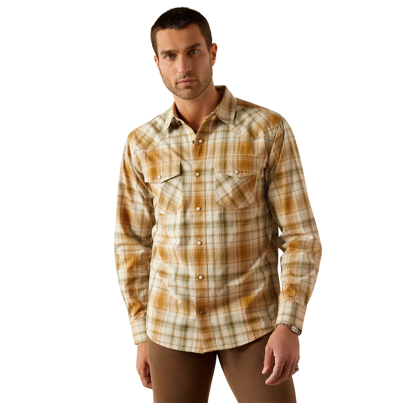 Ariat Men's Halston Retro Fit L/S Western Shirt. Man wearing a plaid shirt on a white background