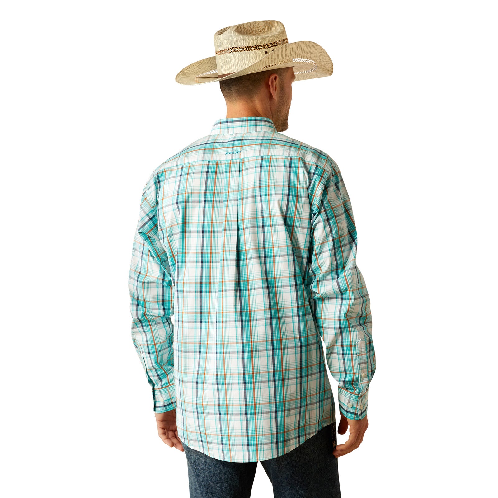Ariat Men's Pro Series Justice Classic Fit L/S Shirt. Man wearing a plaid shirt and cowboy hat on a white background