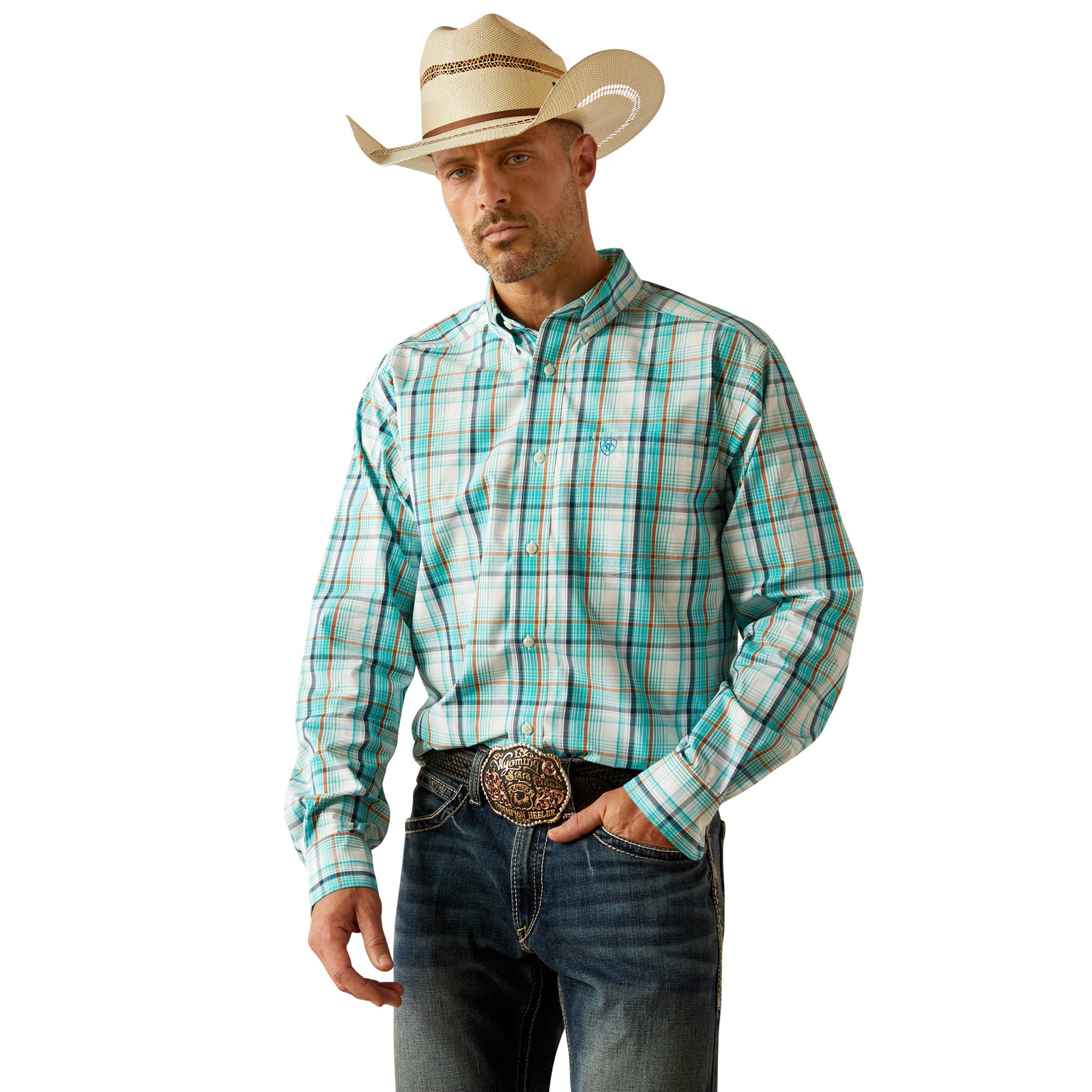 Ariat Men's Pro Series Justice Classic Fit L/S Shirt. Man wearing a plaid shirt, jeans, and a cowboy hat on a white background