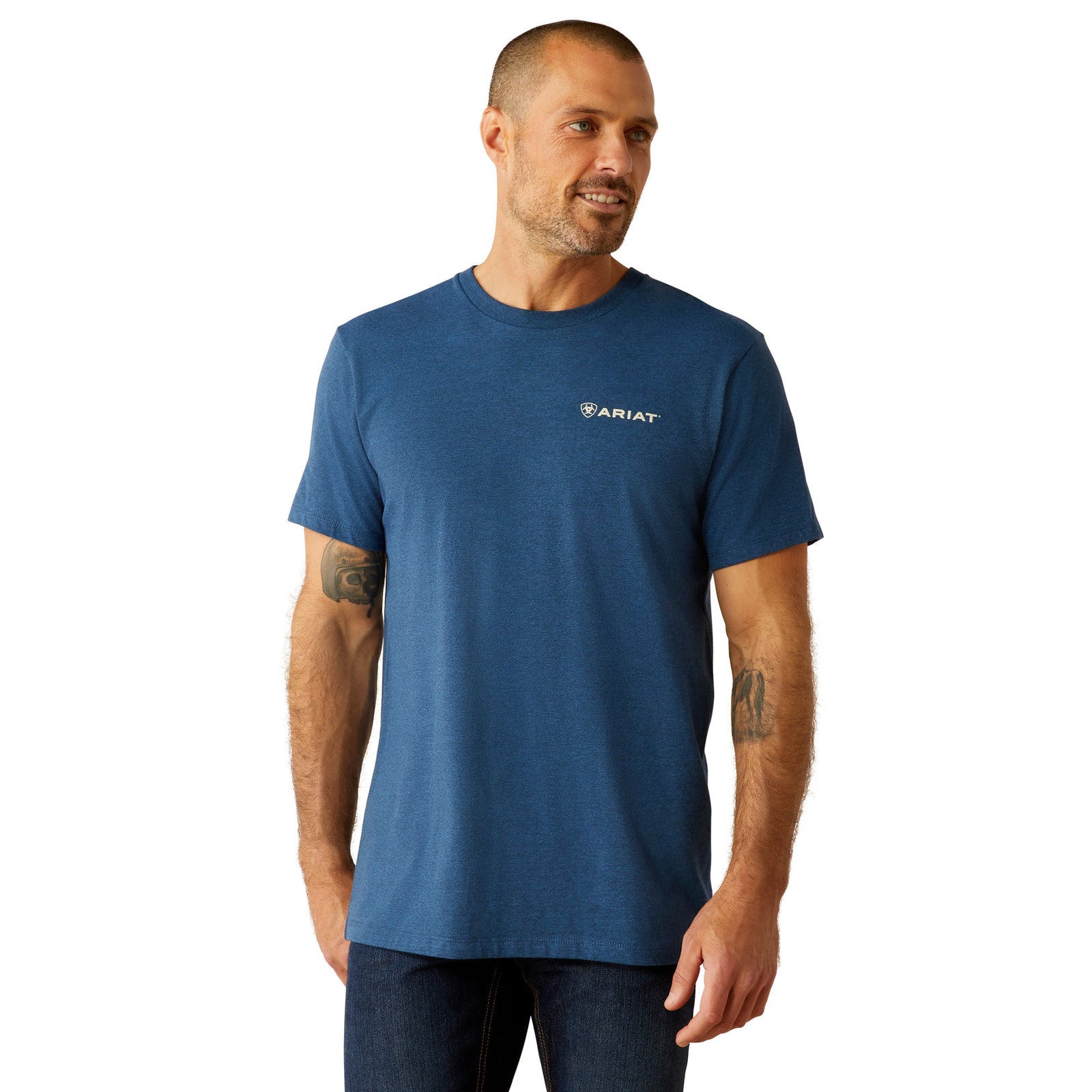 Ariat Men's Line Frame Hex T-Shirt. Man wearing a blue Ariat t-shirt on a white background