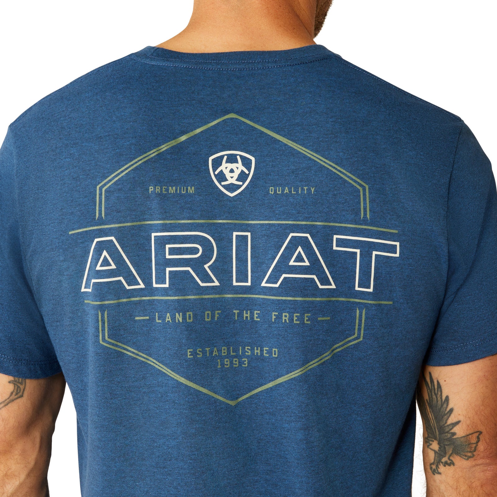 Ariat Men's Line Frame Hex T-Shirt. Blue Ariat t-shirt with branding on the back