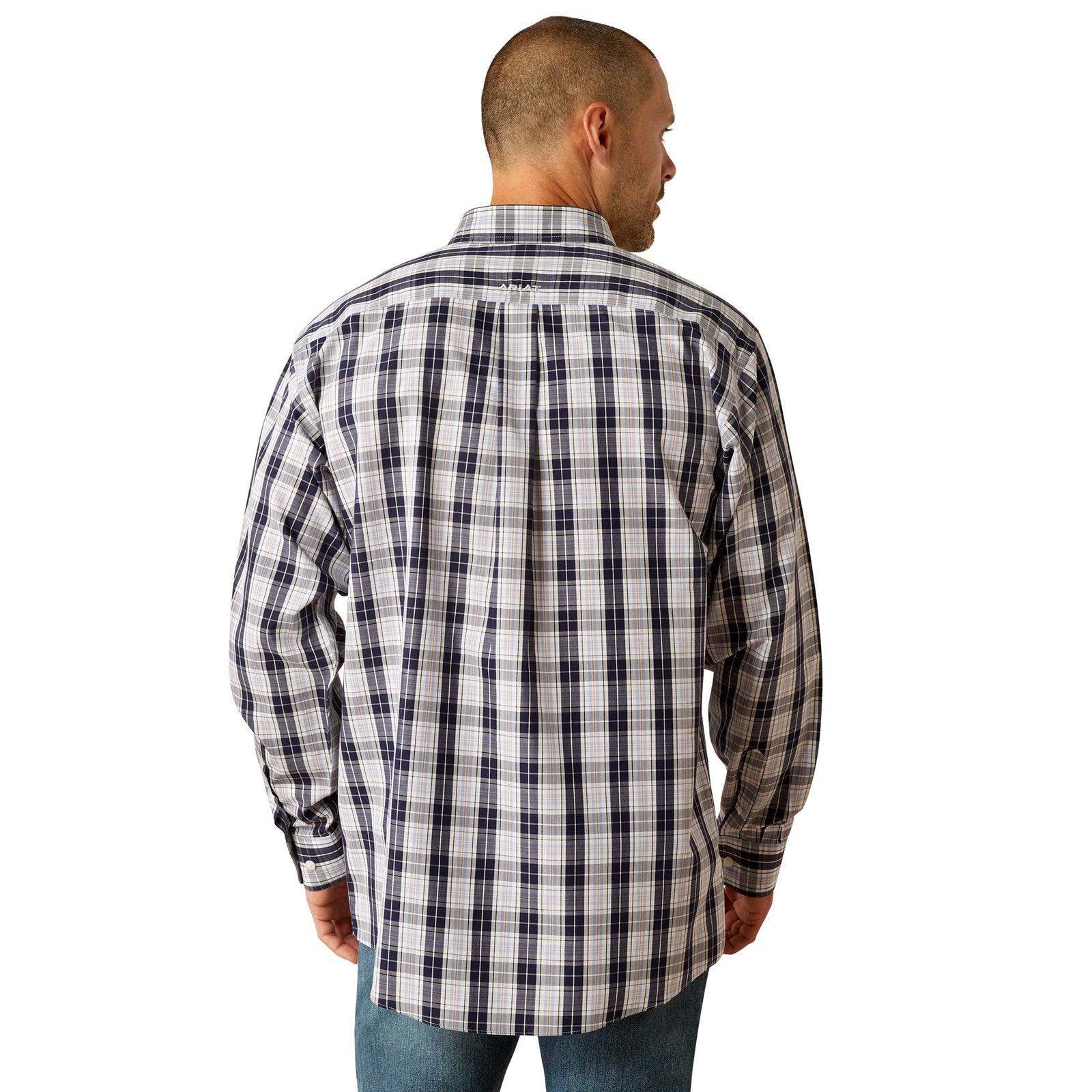 Ariat Men's Ocean Plaid Wrinkle Free L/S Western Shirt. Man wearing a plaid shirt on a white background