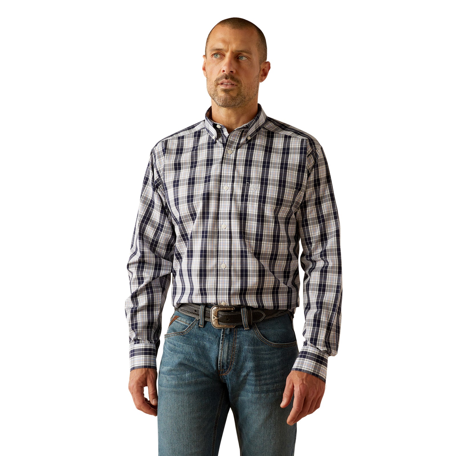 Ariat Men's Ocean Plaid Wrinkle Free L/S Western Shirt. Man wearing a plaid shirt and jeans on a white background