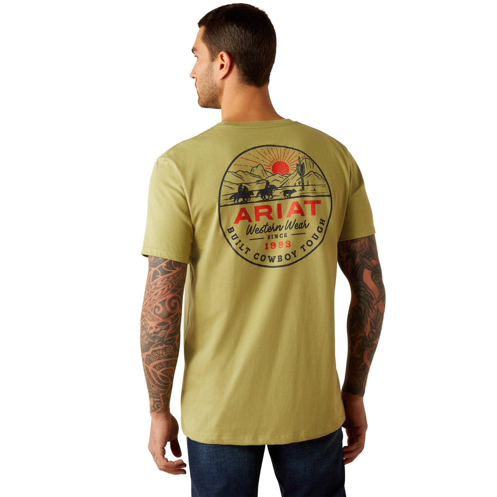 Ariat Men's Full Circle T-Shirt. Man wearing a green t-shirt with a graphic design on the back.