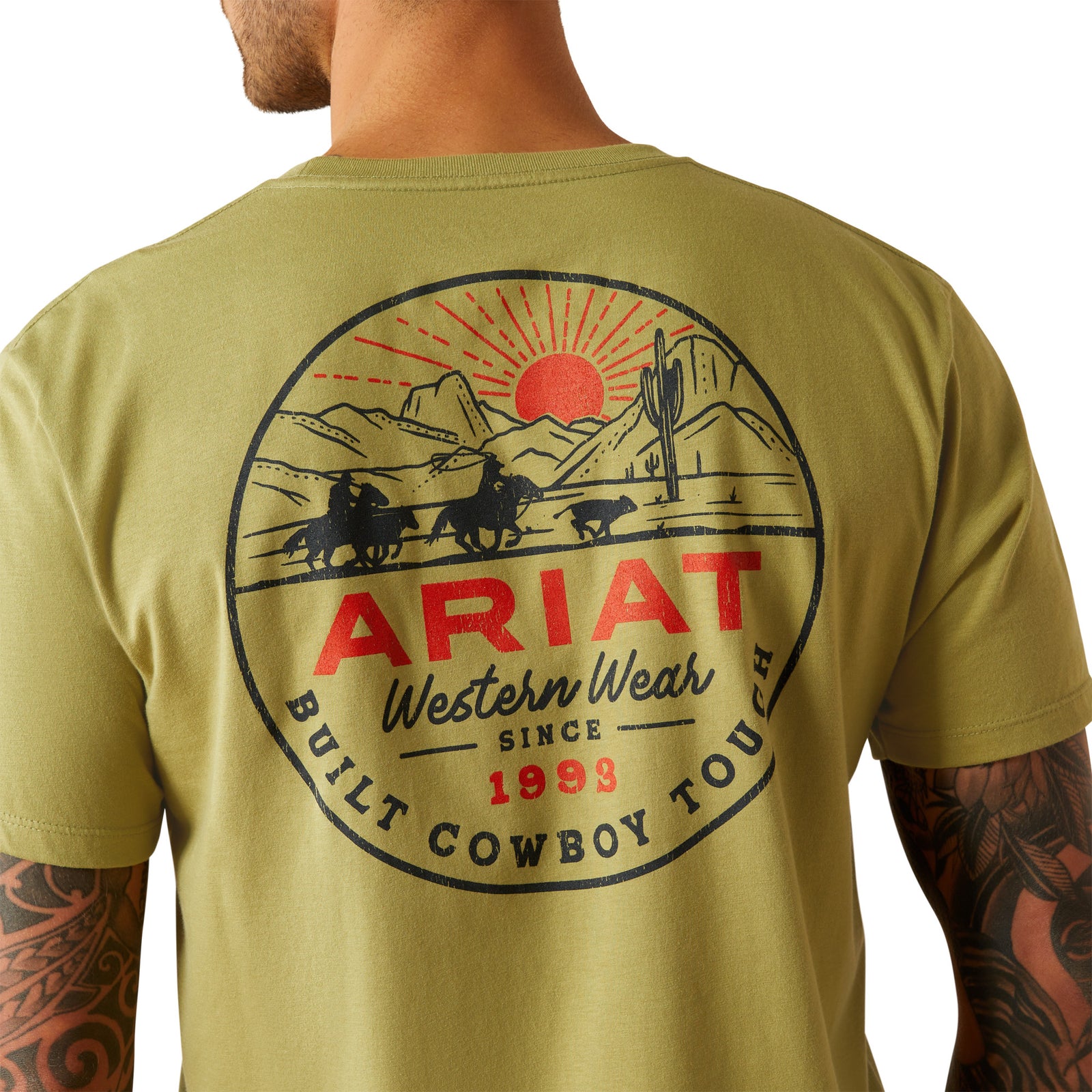 Ariat Men's Full Circle T-Shirt. Green t-shirt with a Western-themed graphic and text on the back.