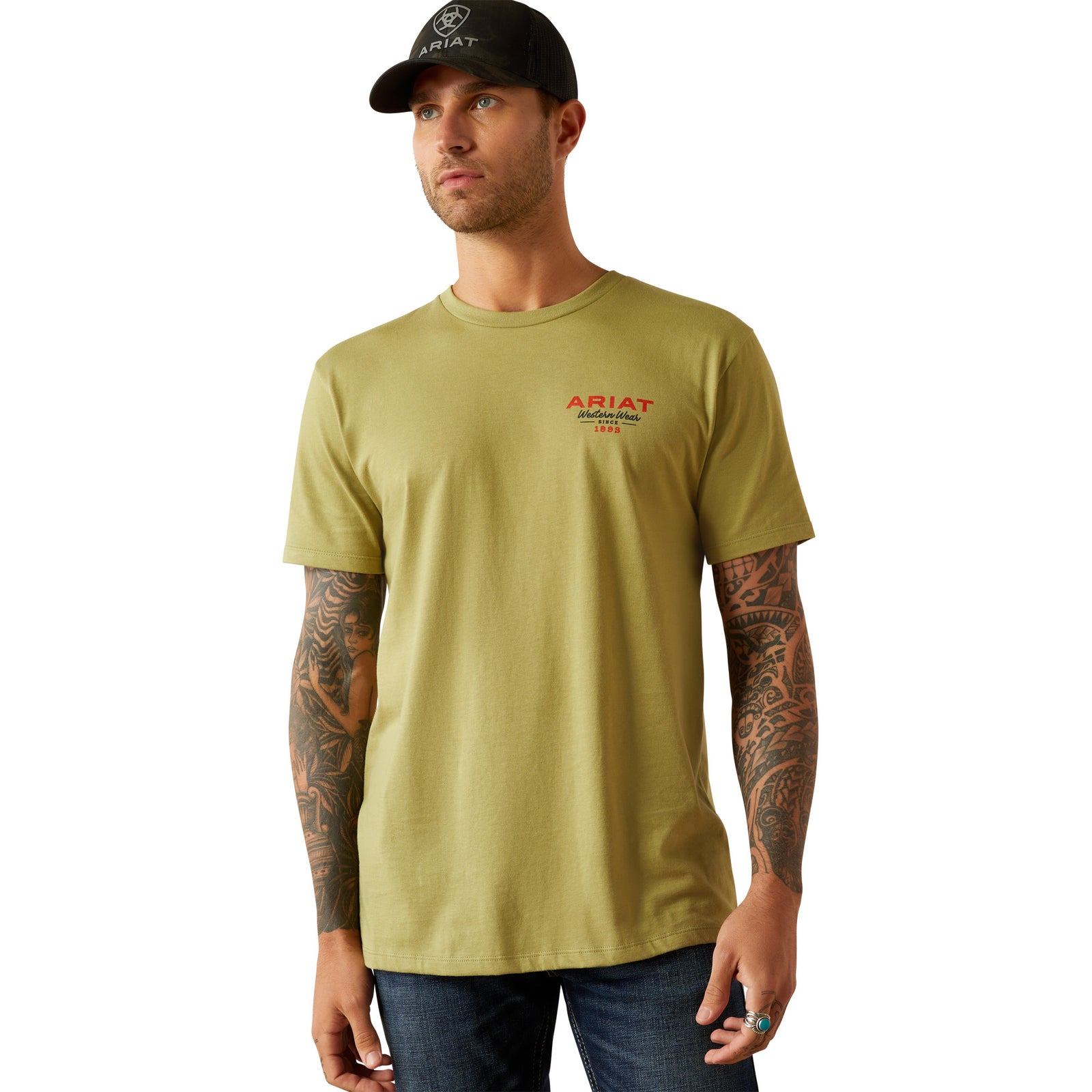 Ariat Men's Full Circle T-Shirt. A man wearing a green Ariat T-shirt with a cap on his head.