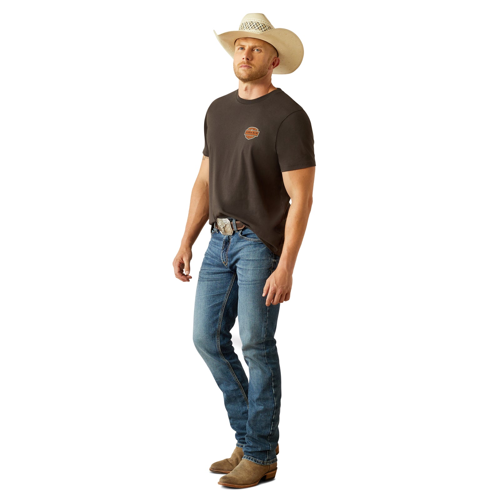 Ariat Men's Ol' Style Lockup T-Shirt. Man wearing a brown t-shirt, blue jeans, and a cowboy hat on a white background