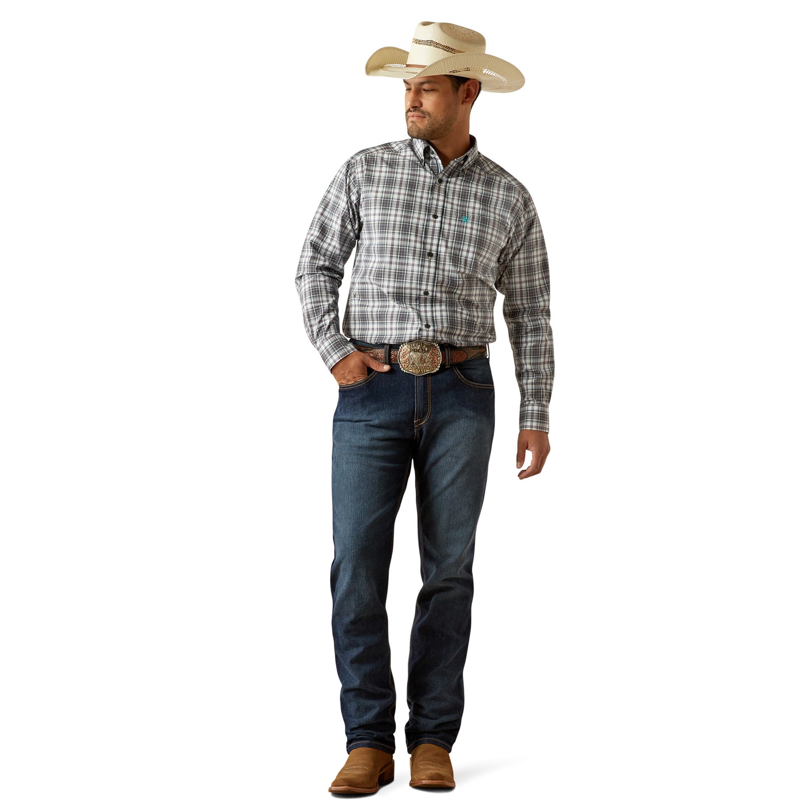 Ariat Men's Pro Series Willie L/S Western Shirt. Man wearing a plaid shirt, jeans, and cowboy hat on a white background