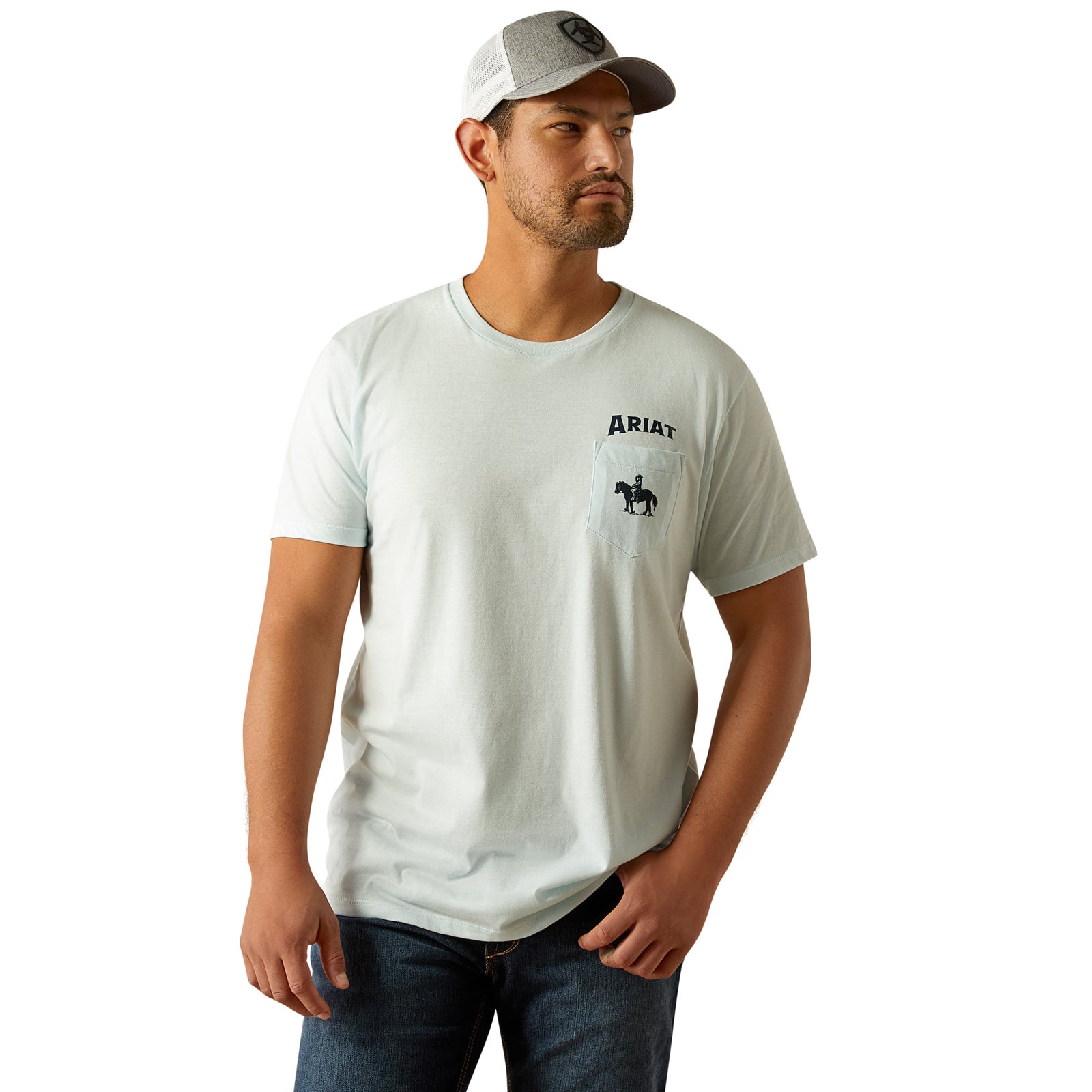 Ariat Men's Echo Valley T-Shirt. Man wearing a light gray t-shirt with a logo and a cap on a white background