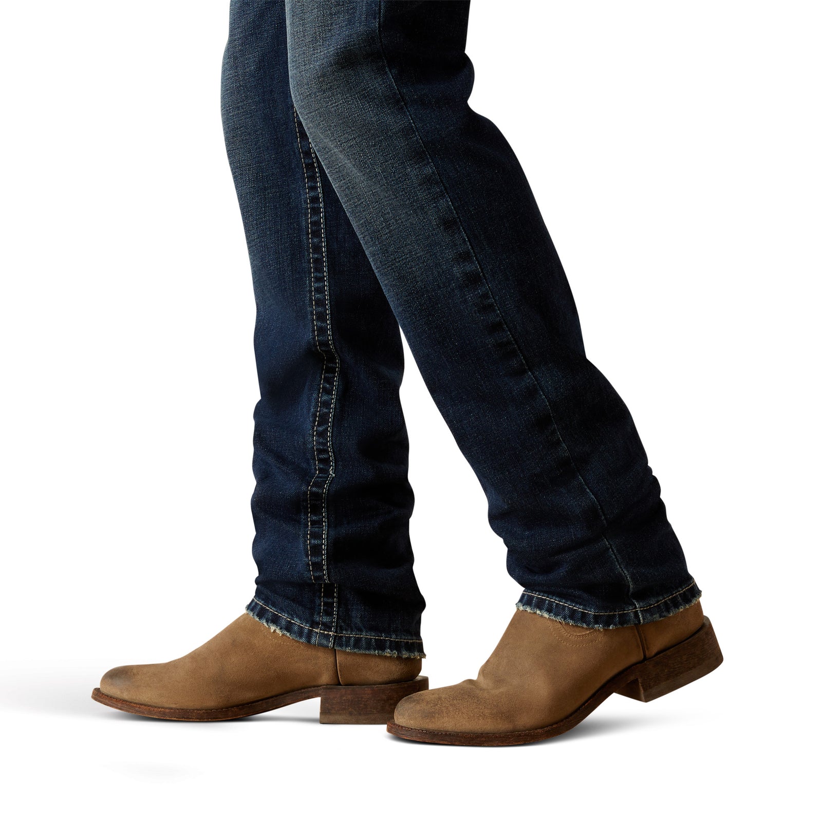 Ariat Men's M8 Modern Matthew Straight Leg Jean. Dark blue jeans and brown boots on a white background