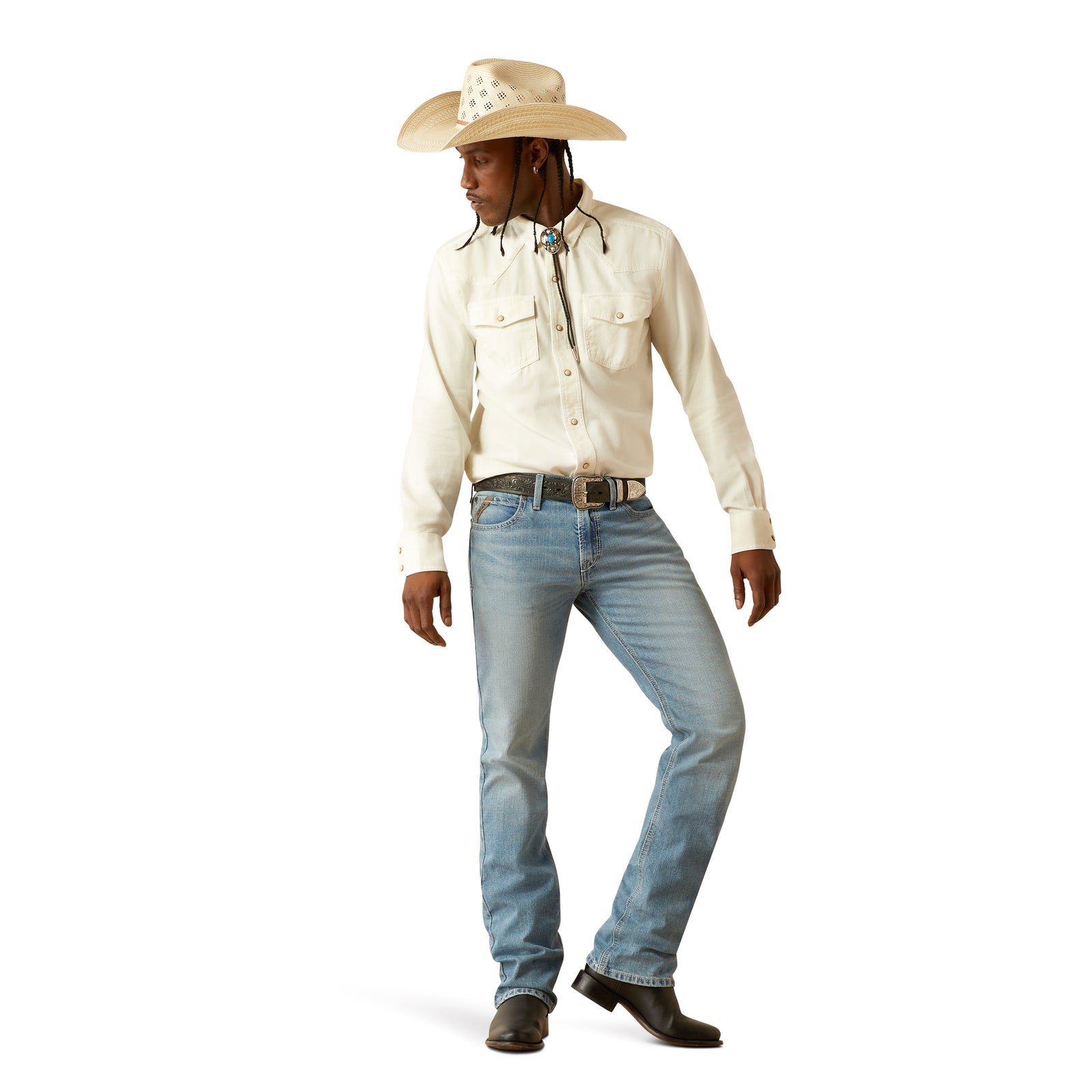 Ariat Men's M7 Ethan Slim Straight Leg Jean. Person wearing a white shirt, blue jeans, and a cowboy hat on a white background