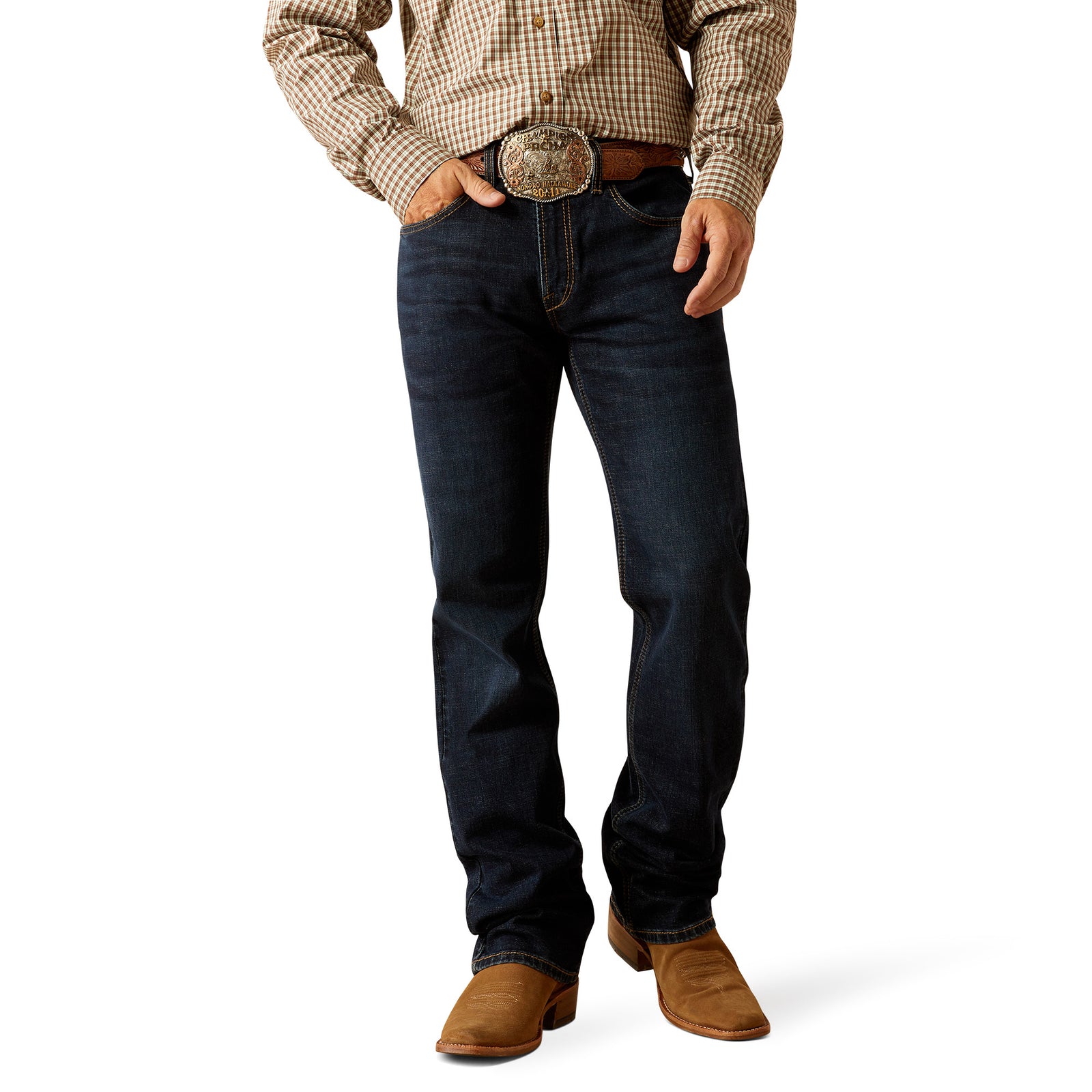 Ariat Men's M5 Dexter Straight Leg Jean. A man wearing a checkered shirt, dark blue straight leg jeans, and brown boots.