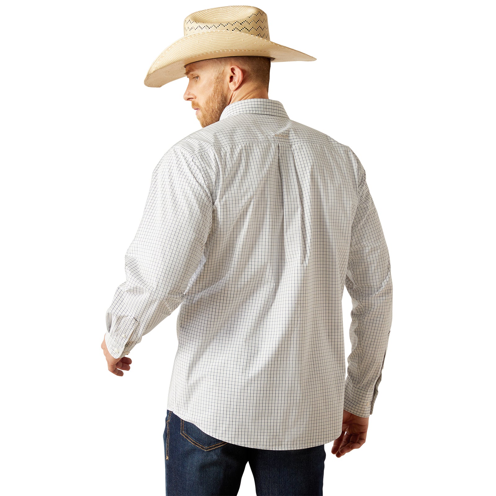Ariat Men's Pro Series Stone L/S Western Shirt. Man wearing a checkered shirt and cowboy hat on a white background