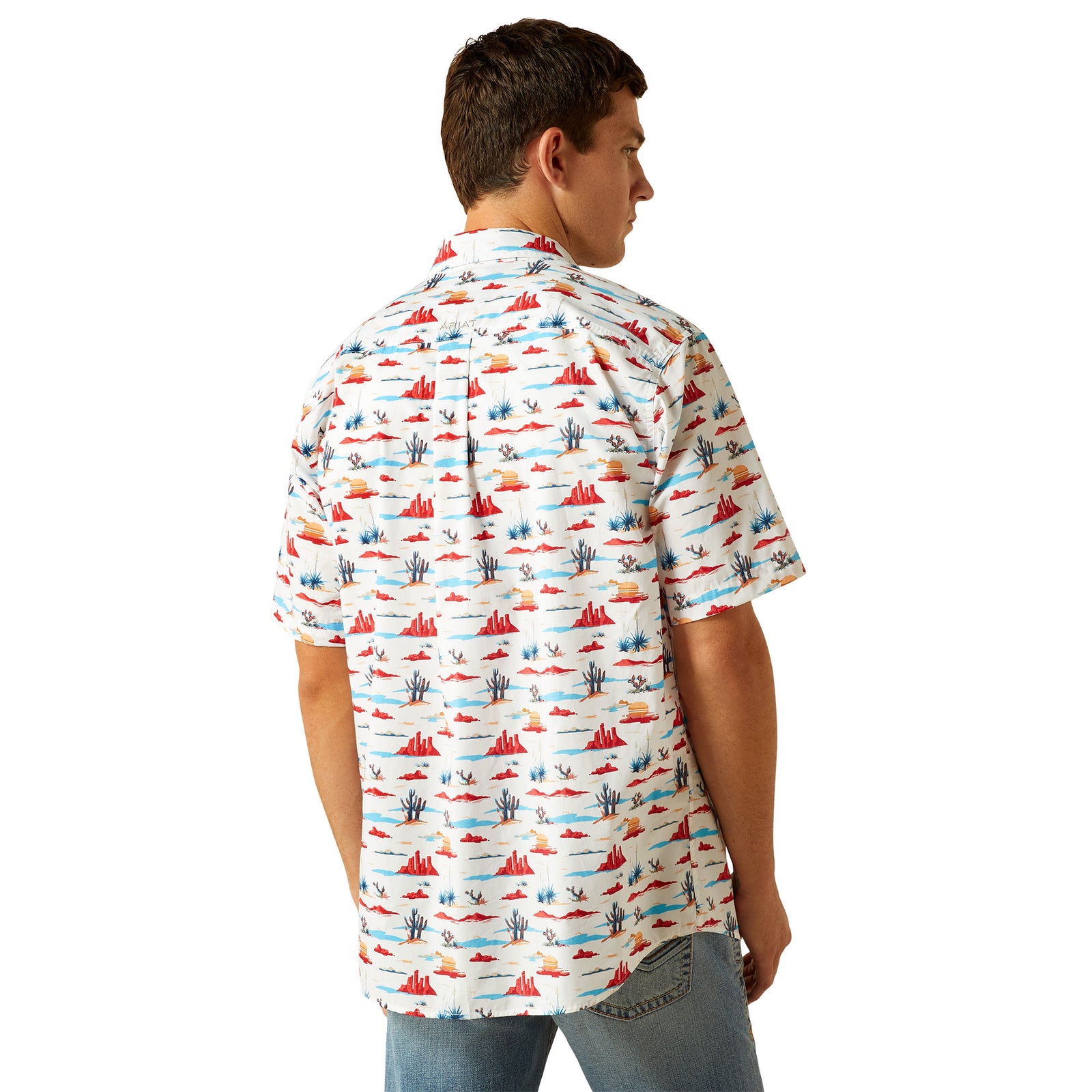 Ariat Men's Scout S/S Western Shirt. Man wearing a colorful patterned shirt on a white background
