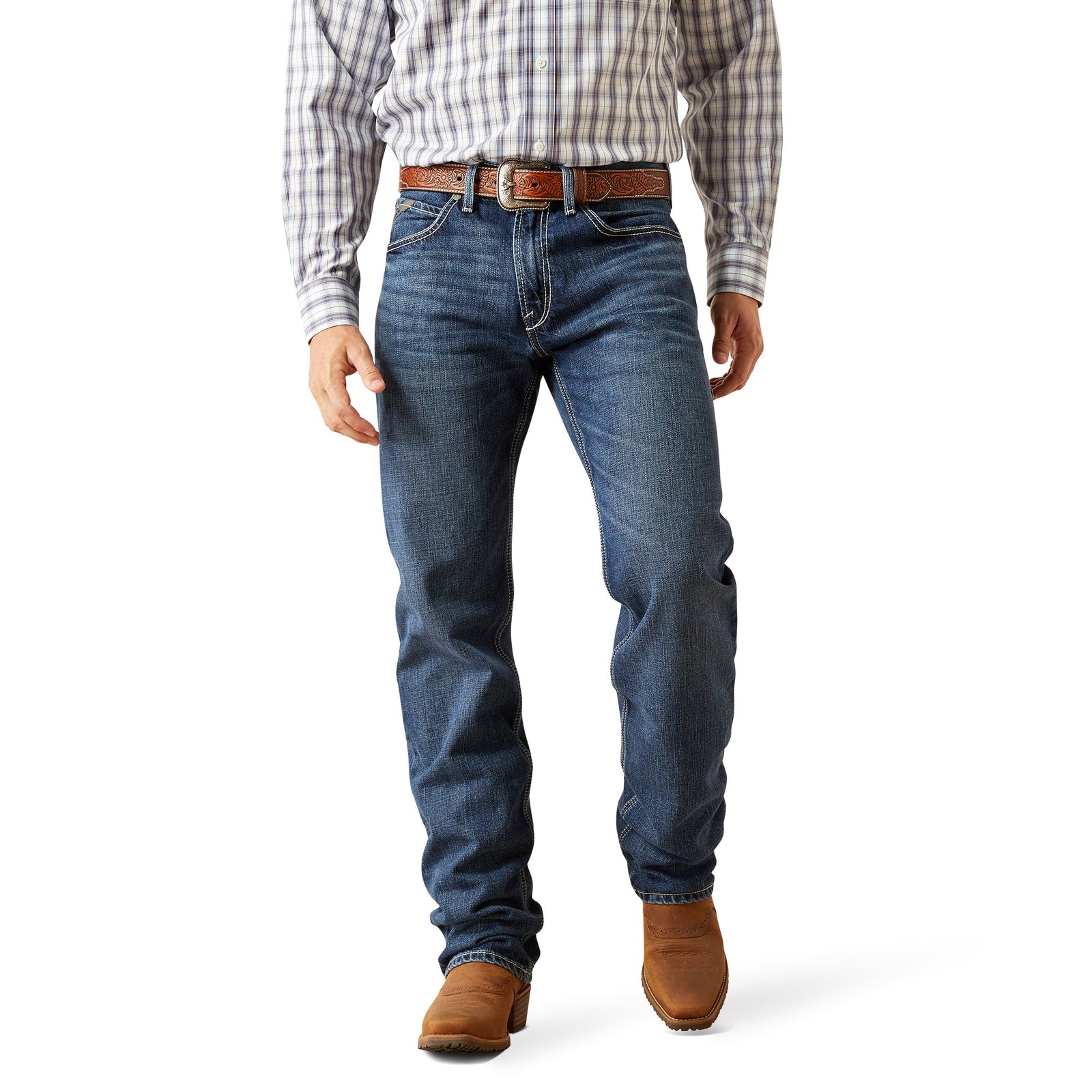 Ariat Men's M2 Camilo Boot Cut Jean. Person wearing blue jeans and a plaid shirt on a white background