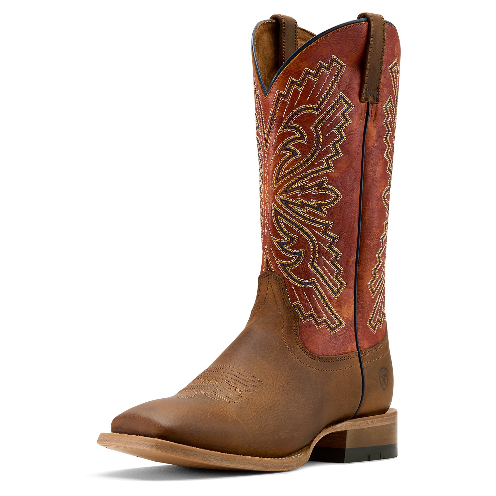 Ariat Men's Sting Western Boot featuring a brown and red color scheme with intricate embroidery on the shaft.