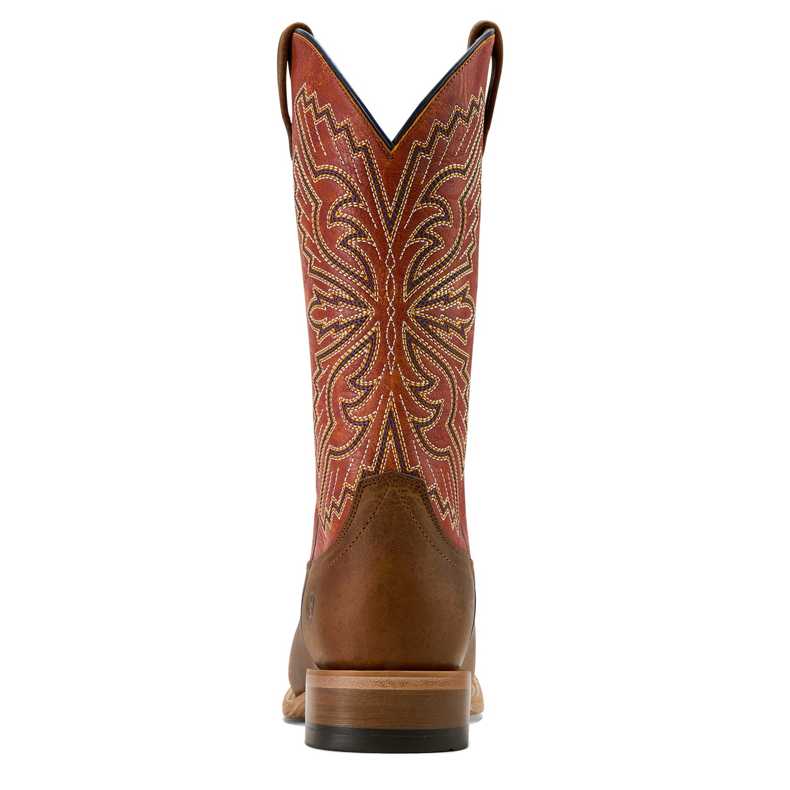 Ariat Men's Sting Western Boot. Brown cowboy boot with intricate red and gold embroidery on a white background.