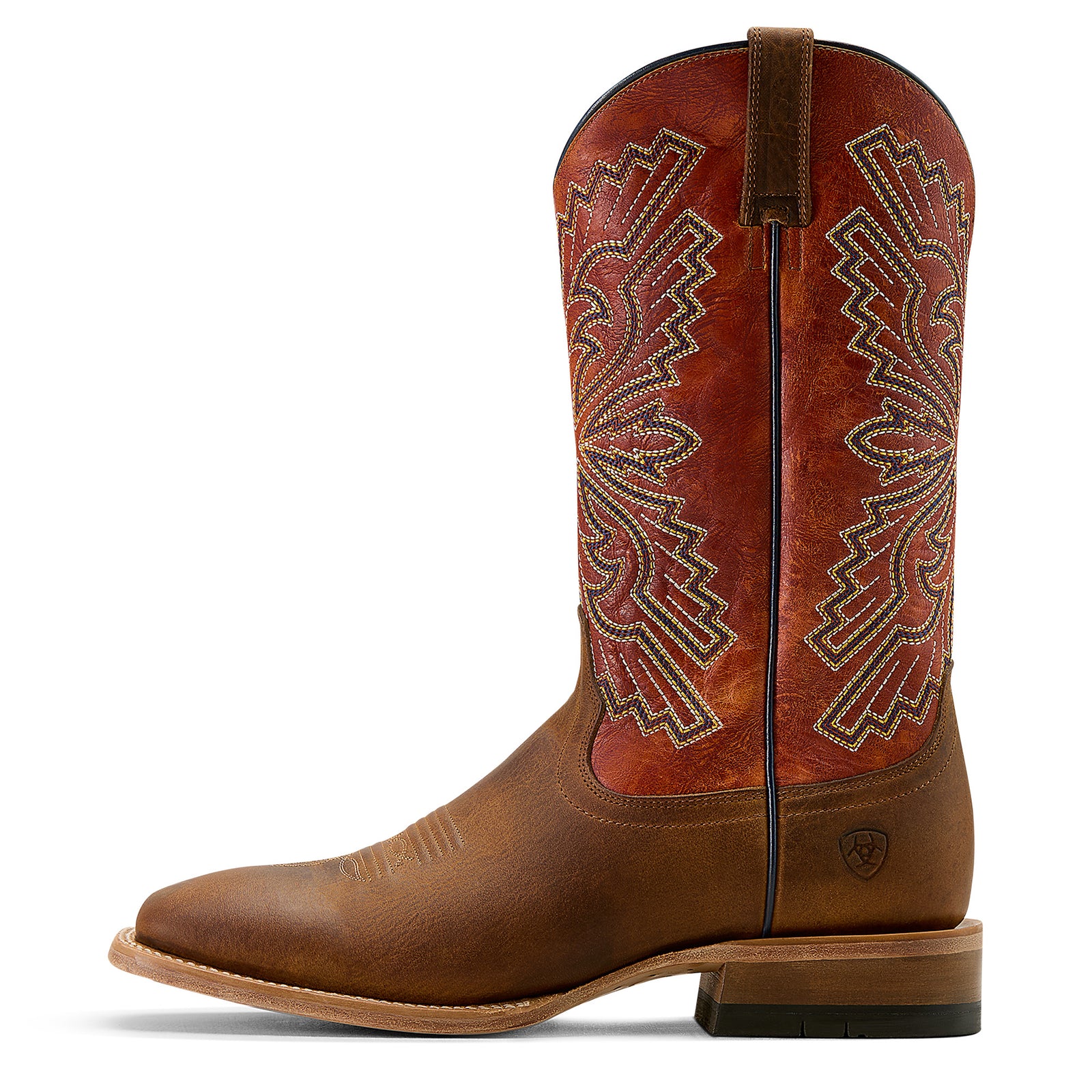 Ariat Men's Sting Western Boot. Brown cowboy boot with intricate leatherwork on a white background