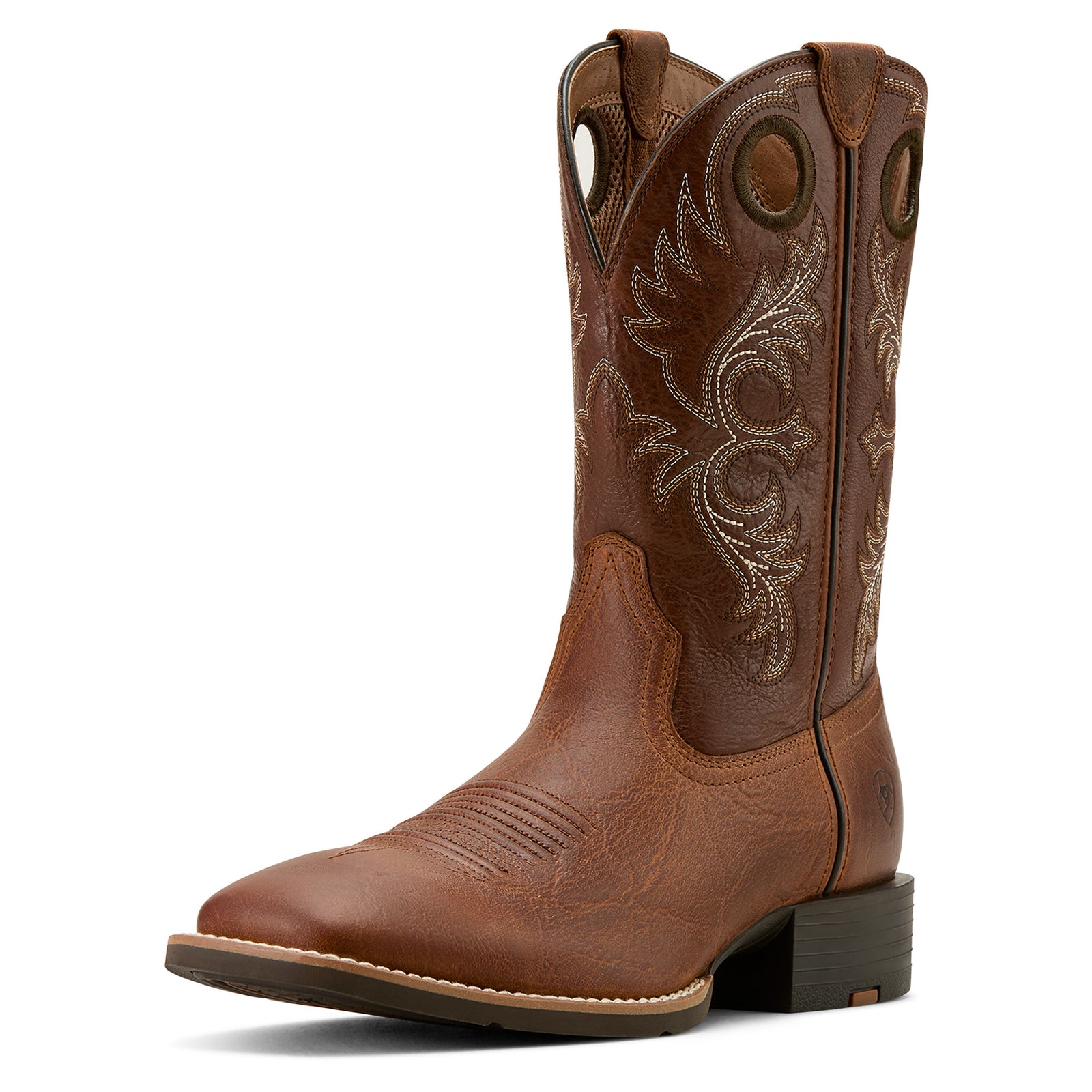 Ariat Men's Sport Rodeo Western Boot. A brown Ariat Men's Sport Rodeo Western Boot with a distinctive stitch pattern and embroidery on the shaft.