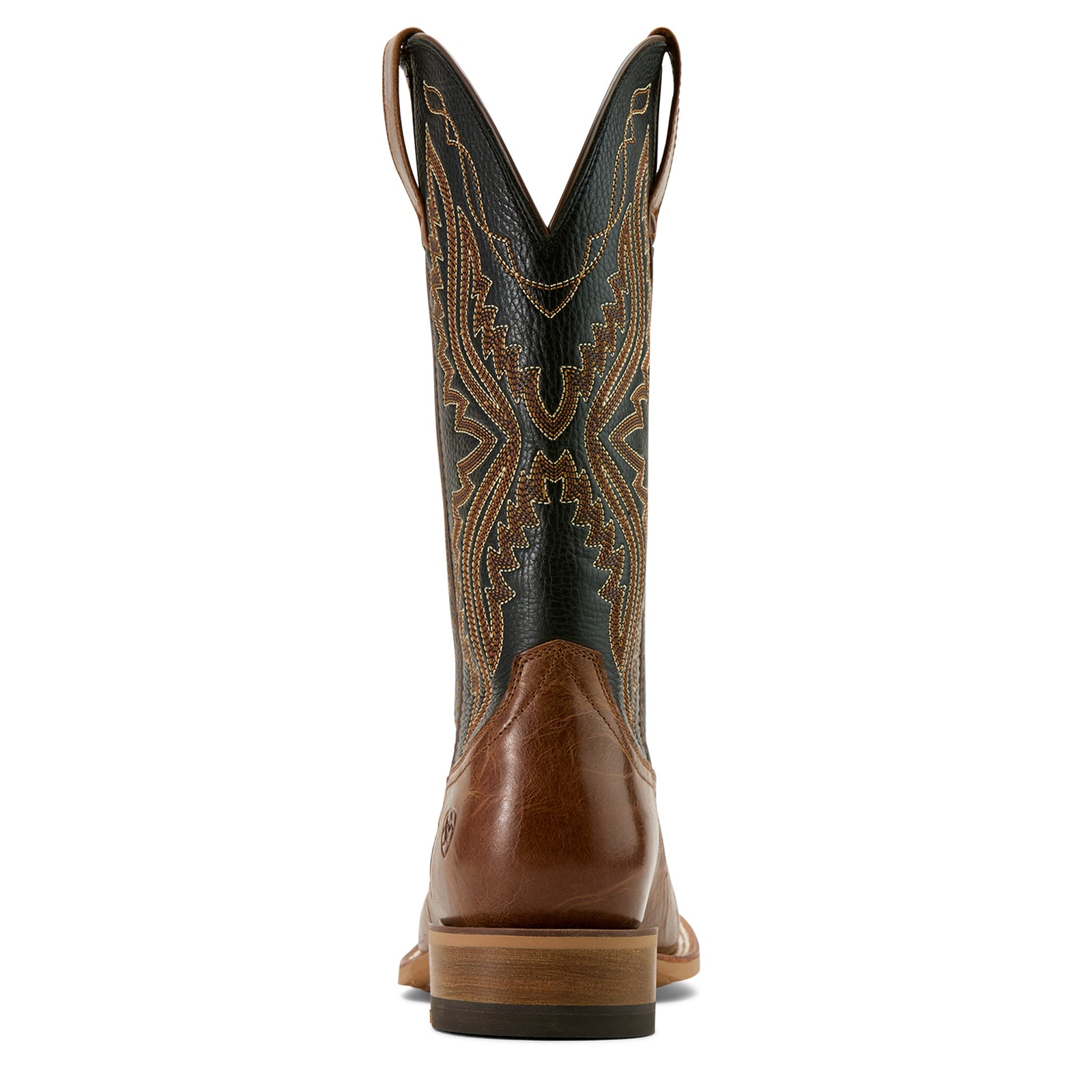 Ariat Men's Baxter Western Boot. Brown cowboy boot with intricate black and blue patterns on the back against a white background.