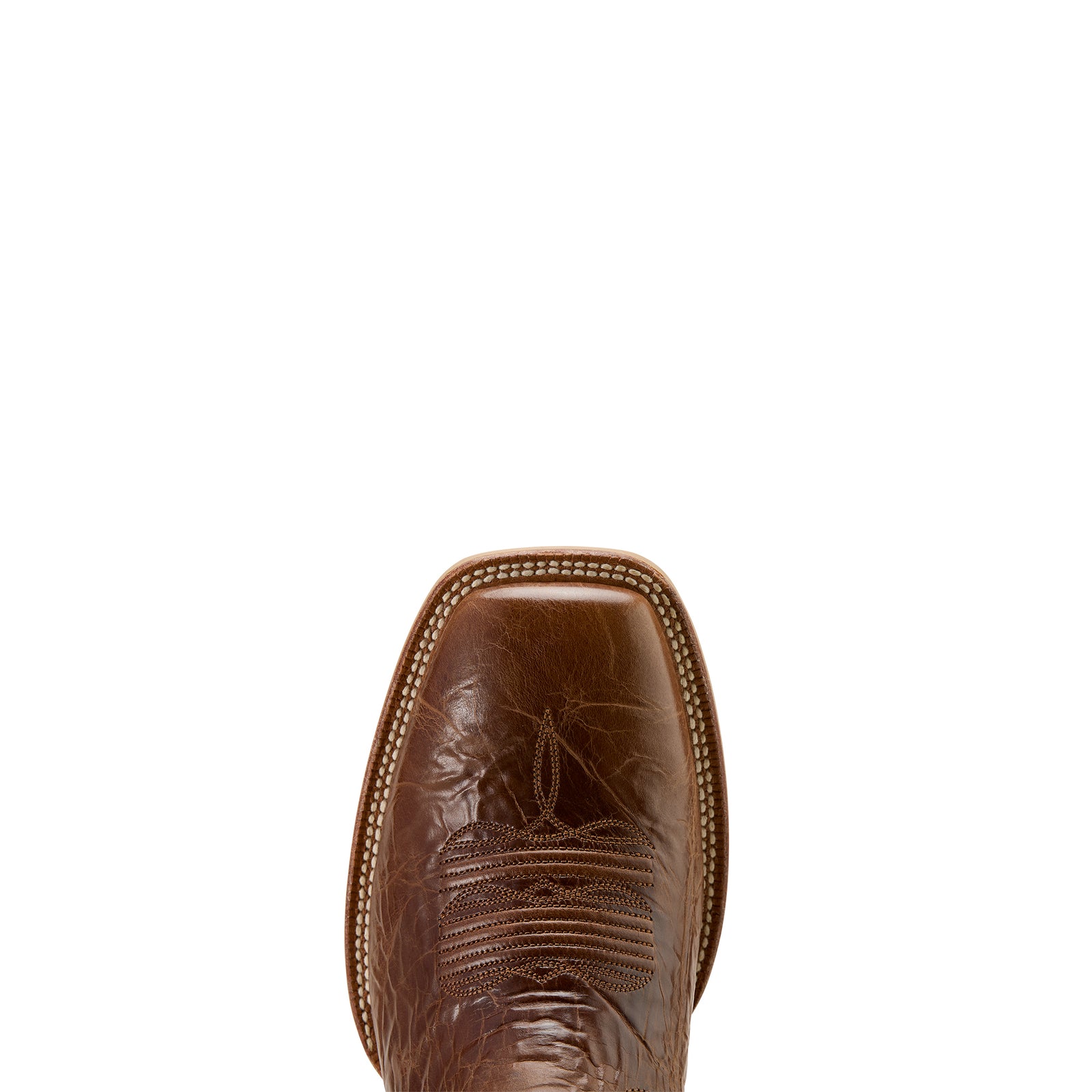 Ariat Men's Baxter Western Boot. Brown leather boot with embossed design on a white background