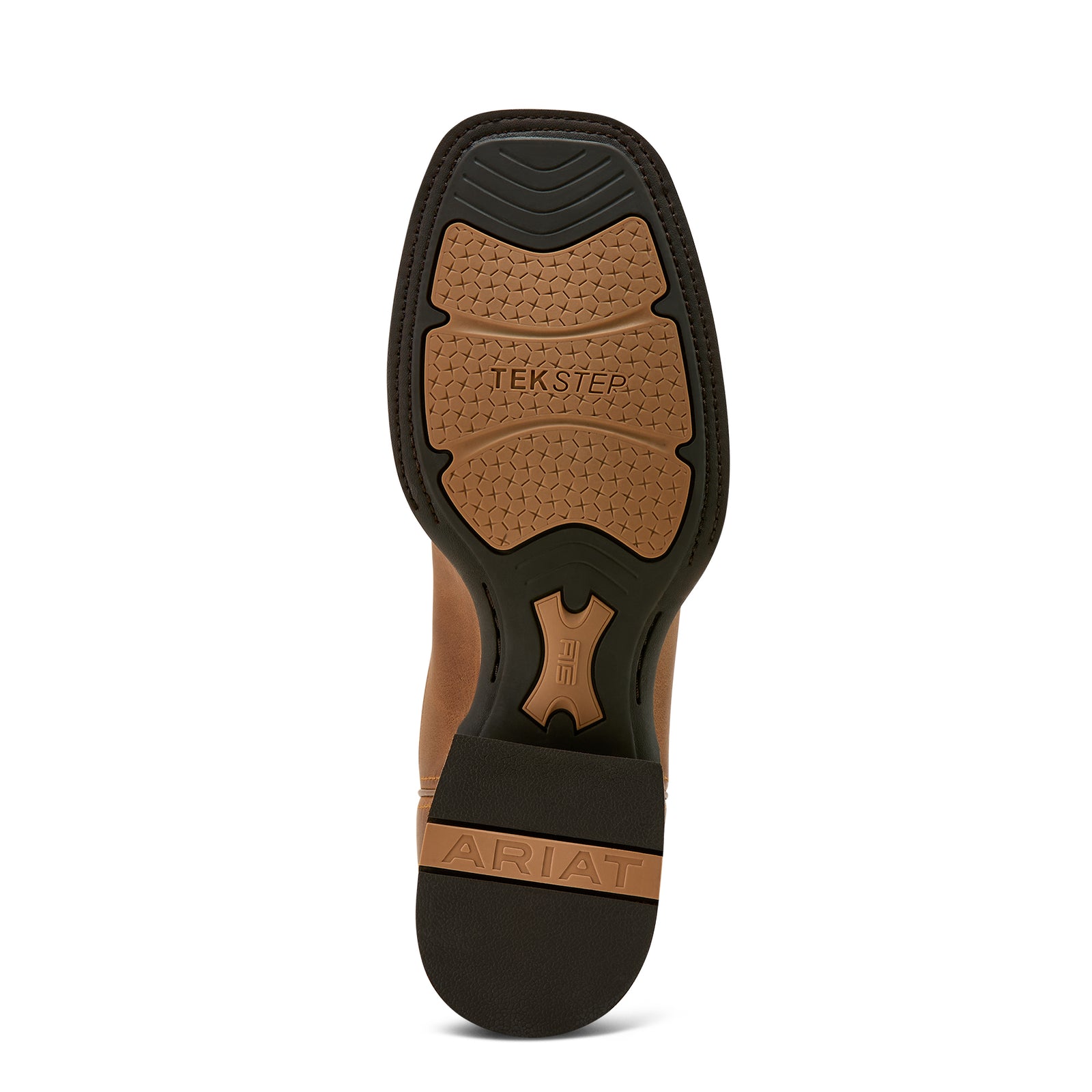 Ariat Men's Baxter Western Boot. Bottom view of a boot showing tread and branding on a white background