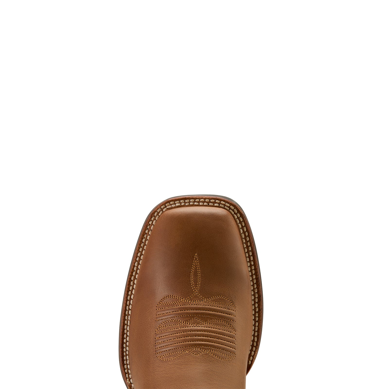 Ariat Men's Baxter Western Boot. Brown leather boot sole with intricate stitching on a white background