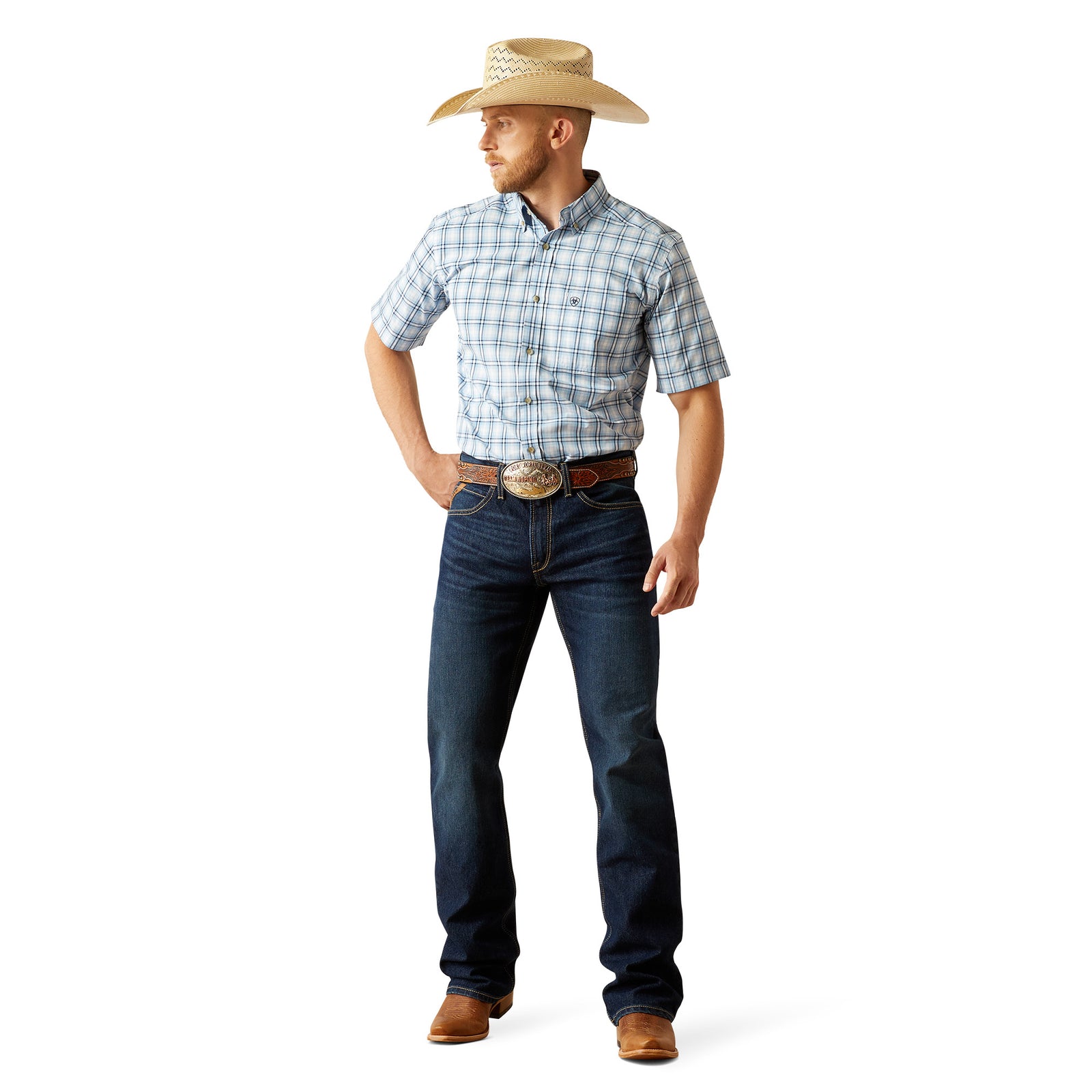 Ariat Men's M4 Otis Boot Cut Jean. Man wearing a plaid shirt, jeans, and a straw hat on a white background