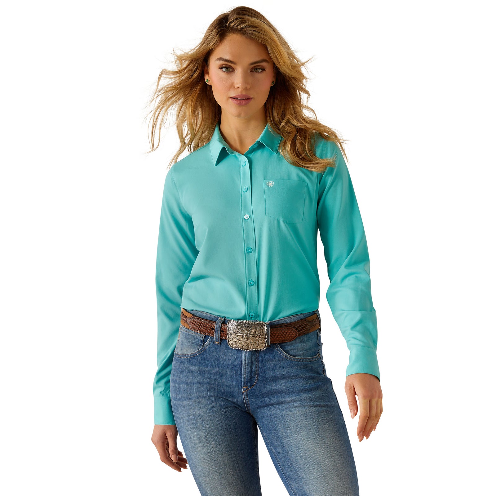 Ariat Women's Kirby Pro L/S Western Shirt. Woman wearing a turquoise shirt and blue jeans on a white background
