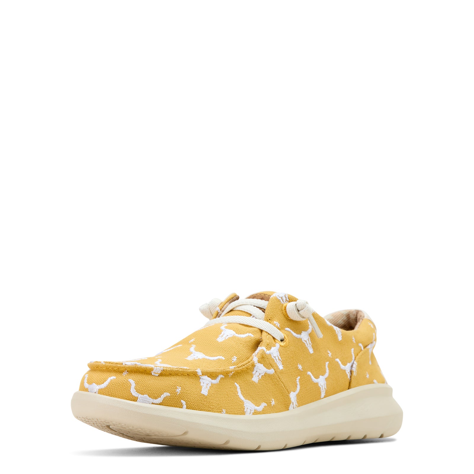 Ariat Women's Hilo Doodle Slip On Shoe in yellow with embroidered patterns and white laces.