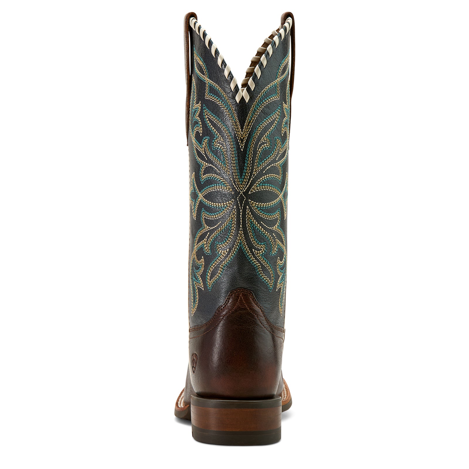 Ariat Women's Showdown Western Boot. Back view of a brown leather cowboy boot with turquoise and black patterned insole on a white background.