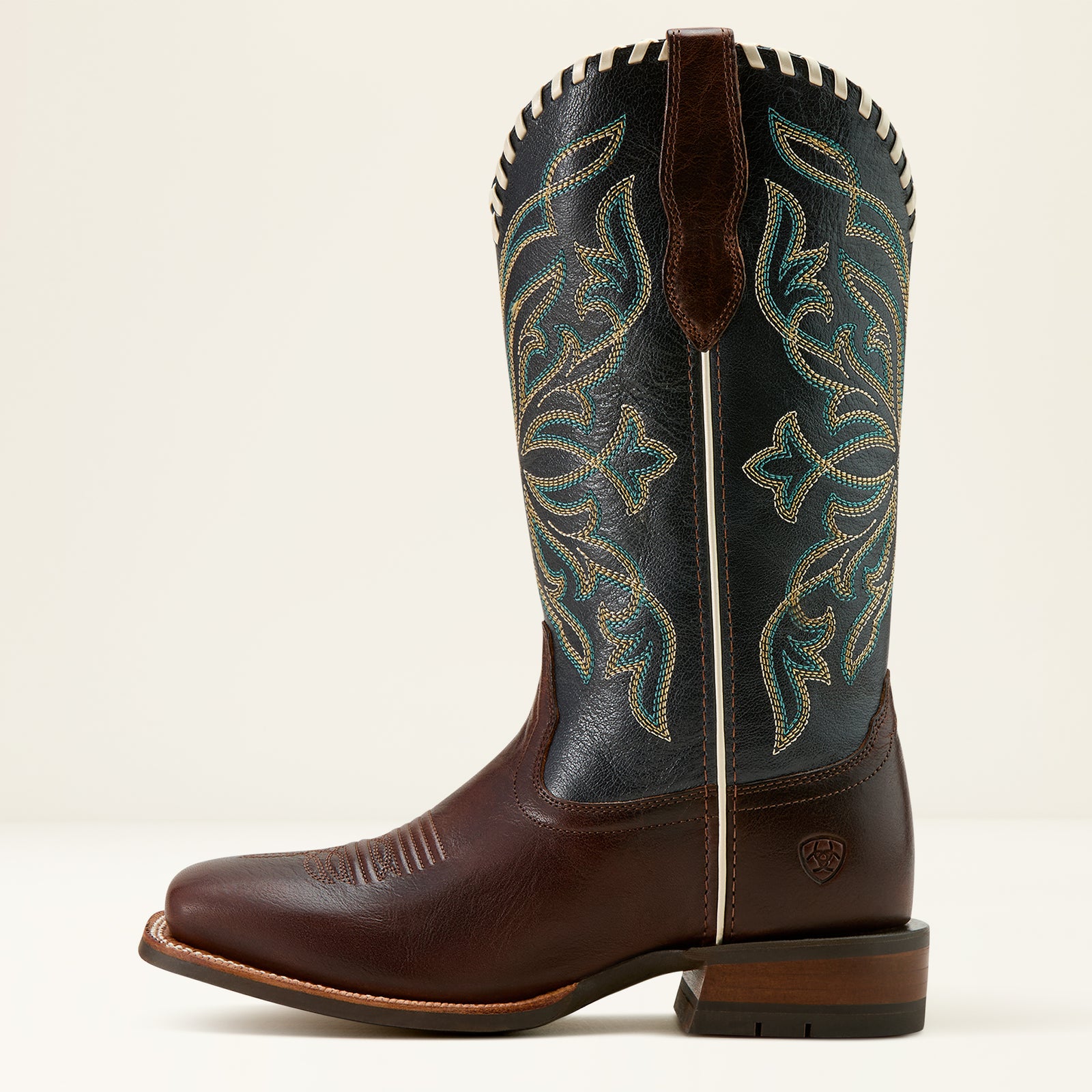 Ariat Women's Showdown Western Boot. Brown cowboy boot with blue and green floral patterns on a white background