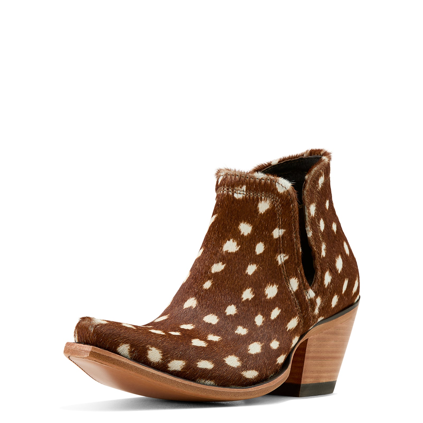 Ariat Dixon Western Bootie. A pair of brown and white patterned Ariat Dixon Western boots with stacked heels on a white background.