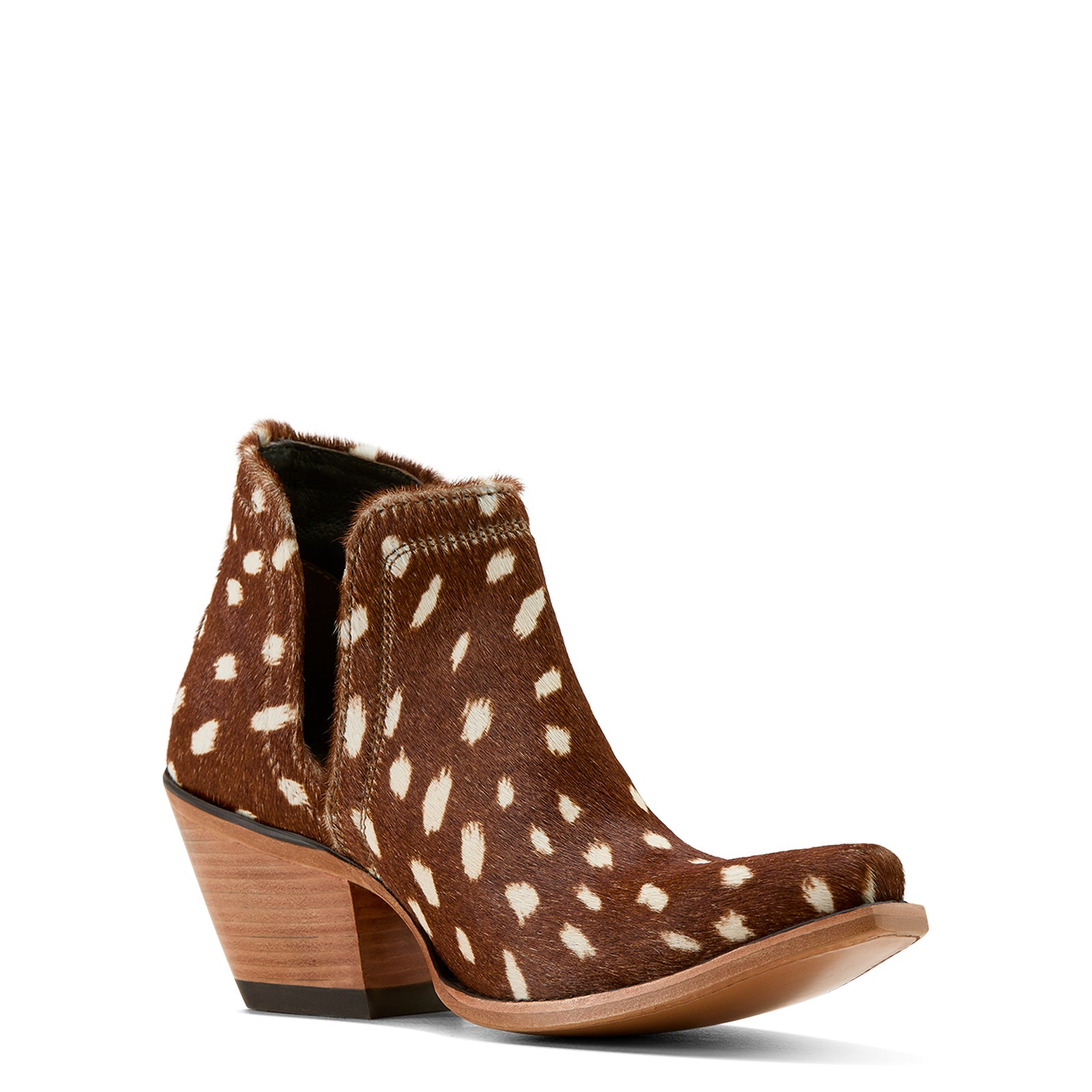 Ariat Dixon Western Bootie. Brown cowhide boot with white spots on a white background