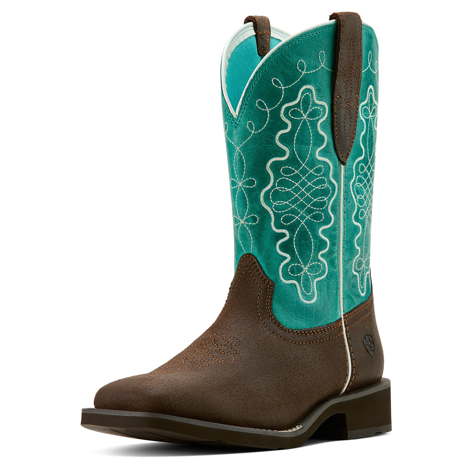 Ariat Women's Callie Western Boot featuring a brown full-grain leather upper with blue embroidery and a square toe.