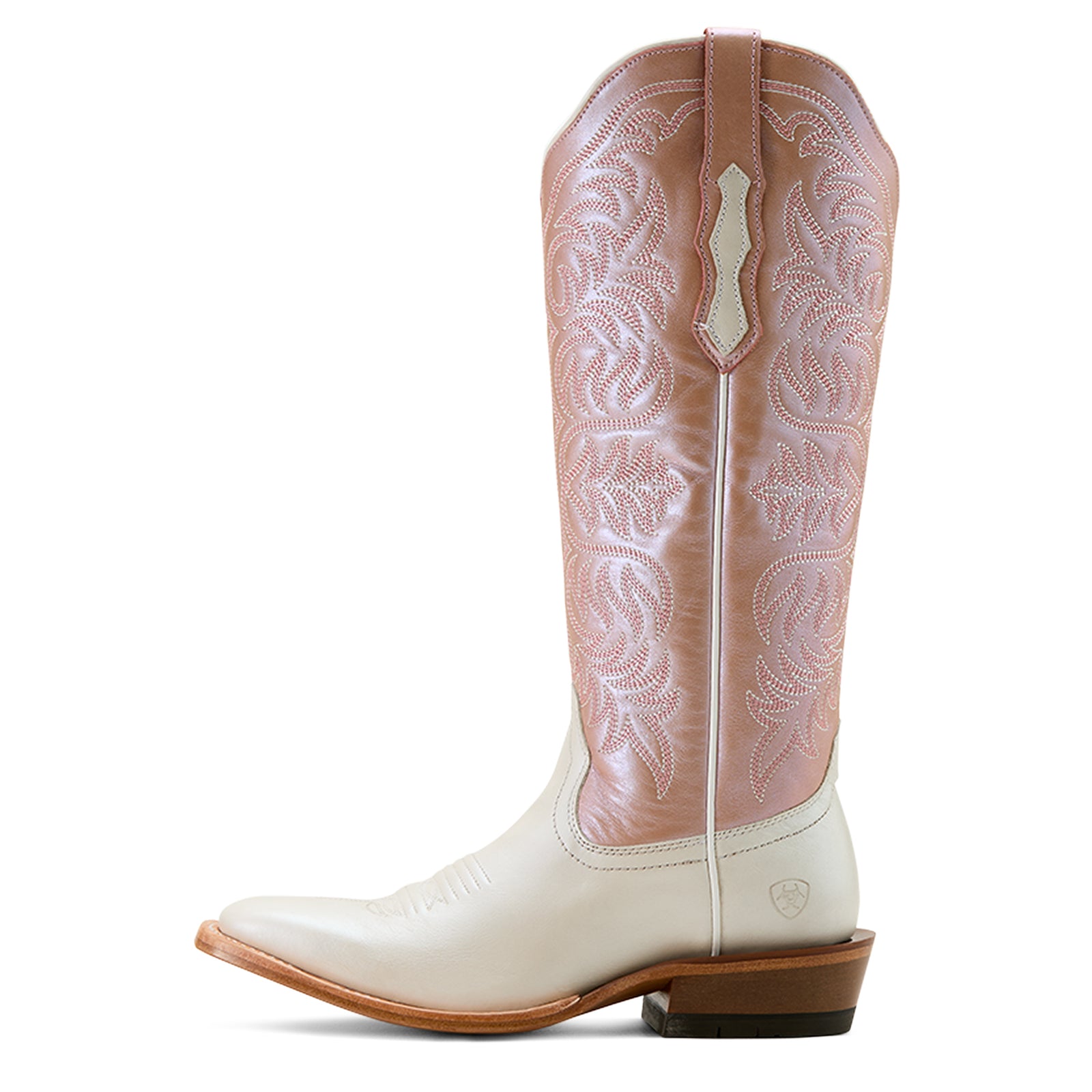 Ariat Women's Futurity Blanche Western Boot. White and pink cowboy boot with intricate embroidery on a white background.