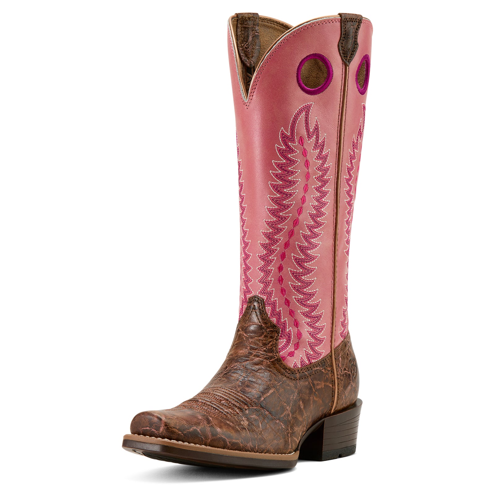 Women's Ariat Junction Western boot with a pink metallic shaft and brown full-grain leather upper, featuring embroidery details.