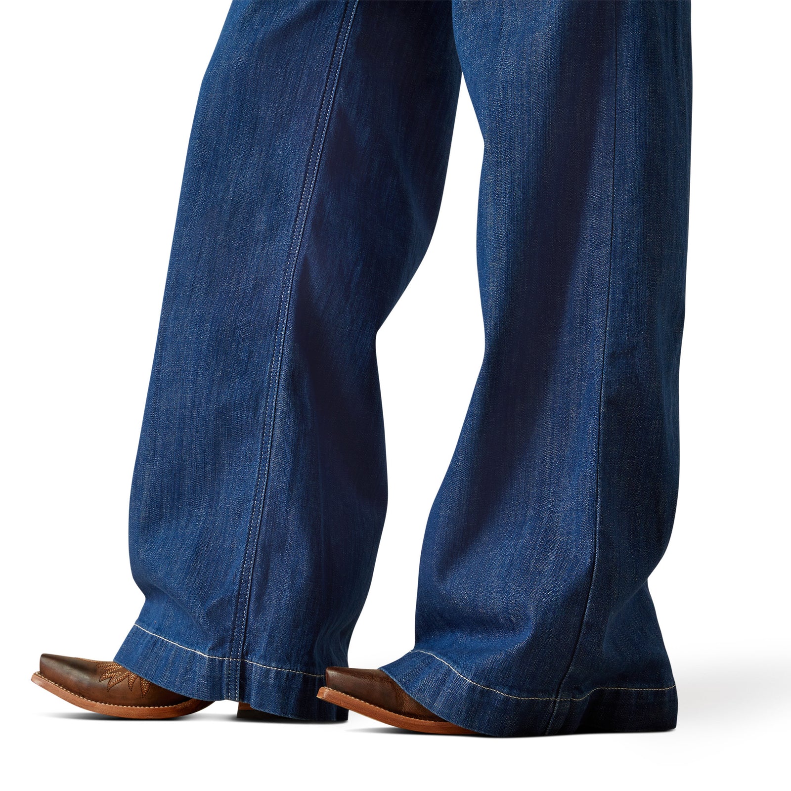 Ariat Women's Westie Ultra High-Rise Wide Leg Jean. Blue jeans worn by a person on a white background