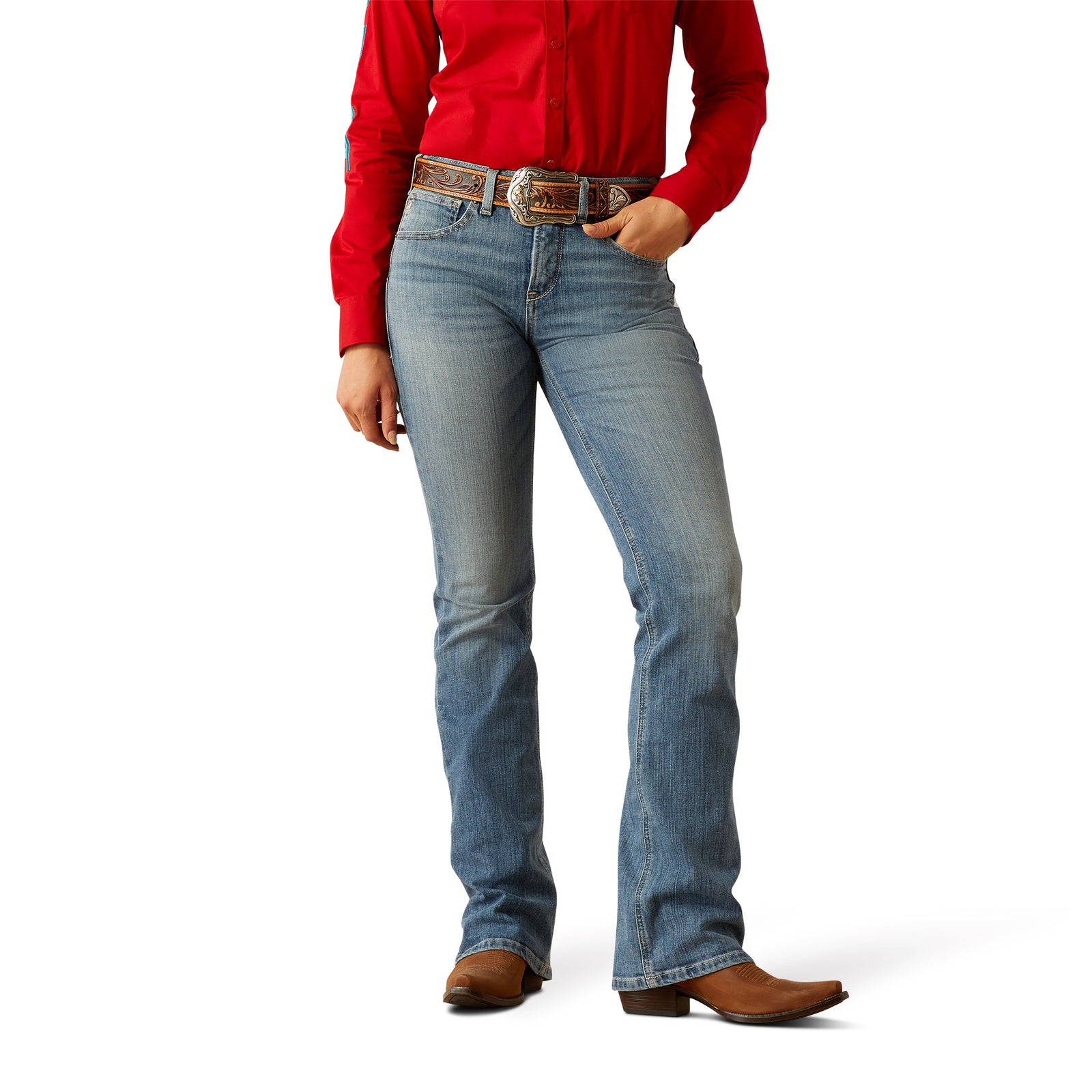 Ariat Women's Cecilia High Rise Boot Cut Jean. Person wearing blue jeans and a red shirt on a white background