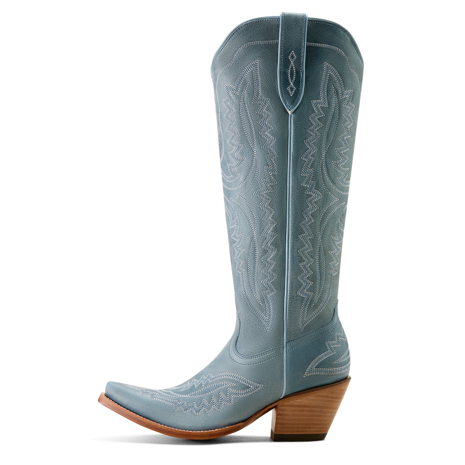 Ariat Women's Casanova X Toe Western Boot. Light blue cowboy boot with intricate patterns on a white background