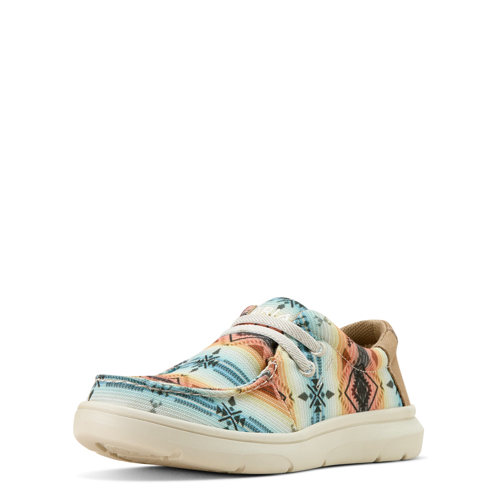 Children's Ariat Hilo shoe with a multicolor pattern, flat sole, and lace-up closure.