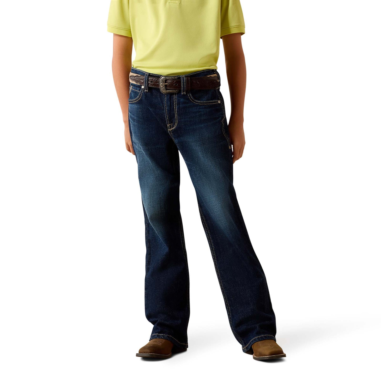 Person wearing blue jeans and a yellow shirt on a white background