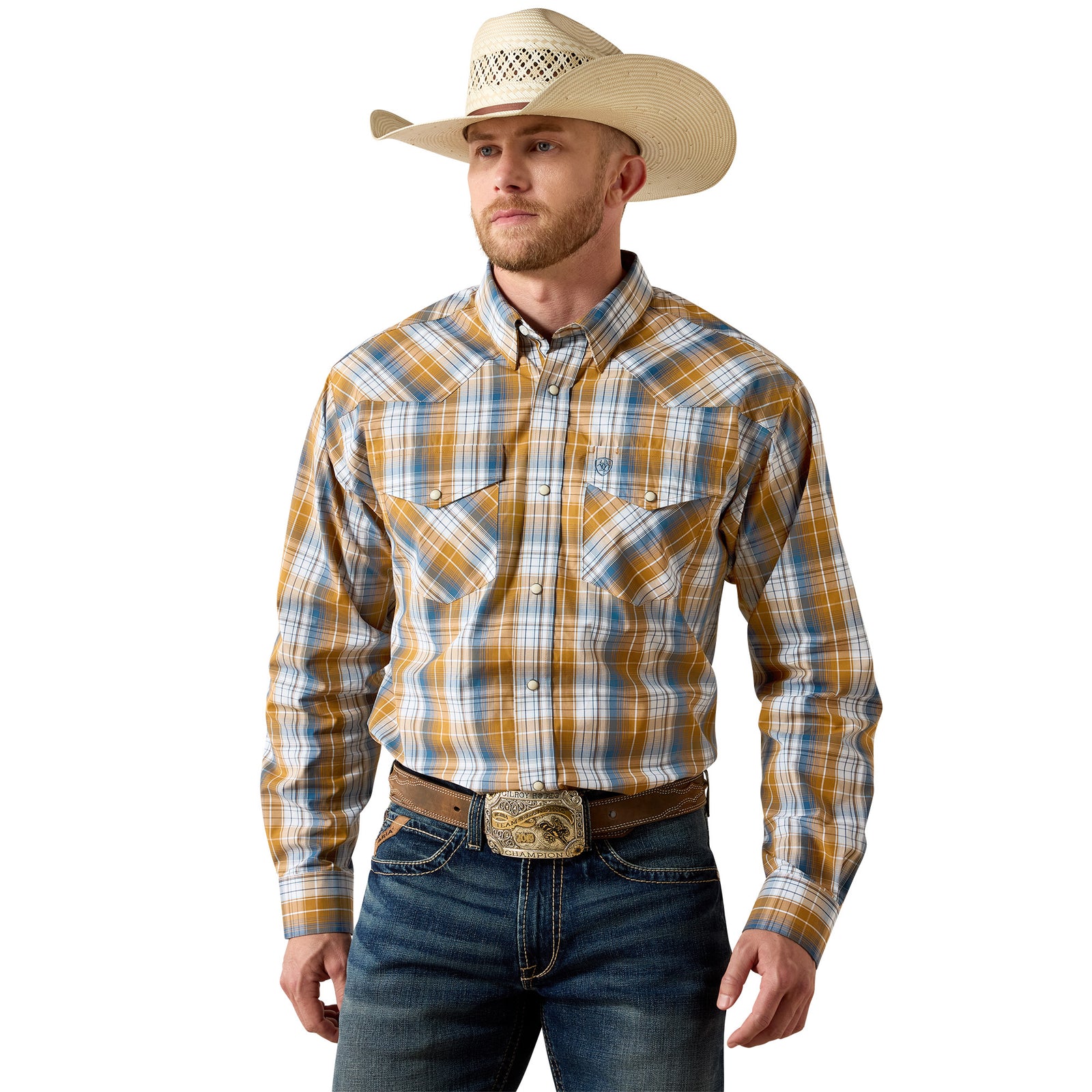 Man wearing a plaid shirt, jeans, and a cowboy hat on a white background