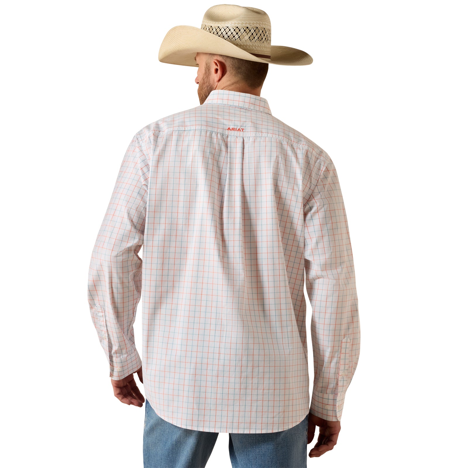 Man wearing a plaid shirt and cowboy hat on a white background