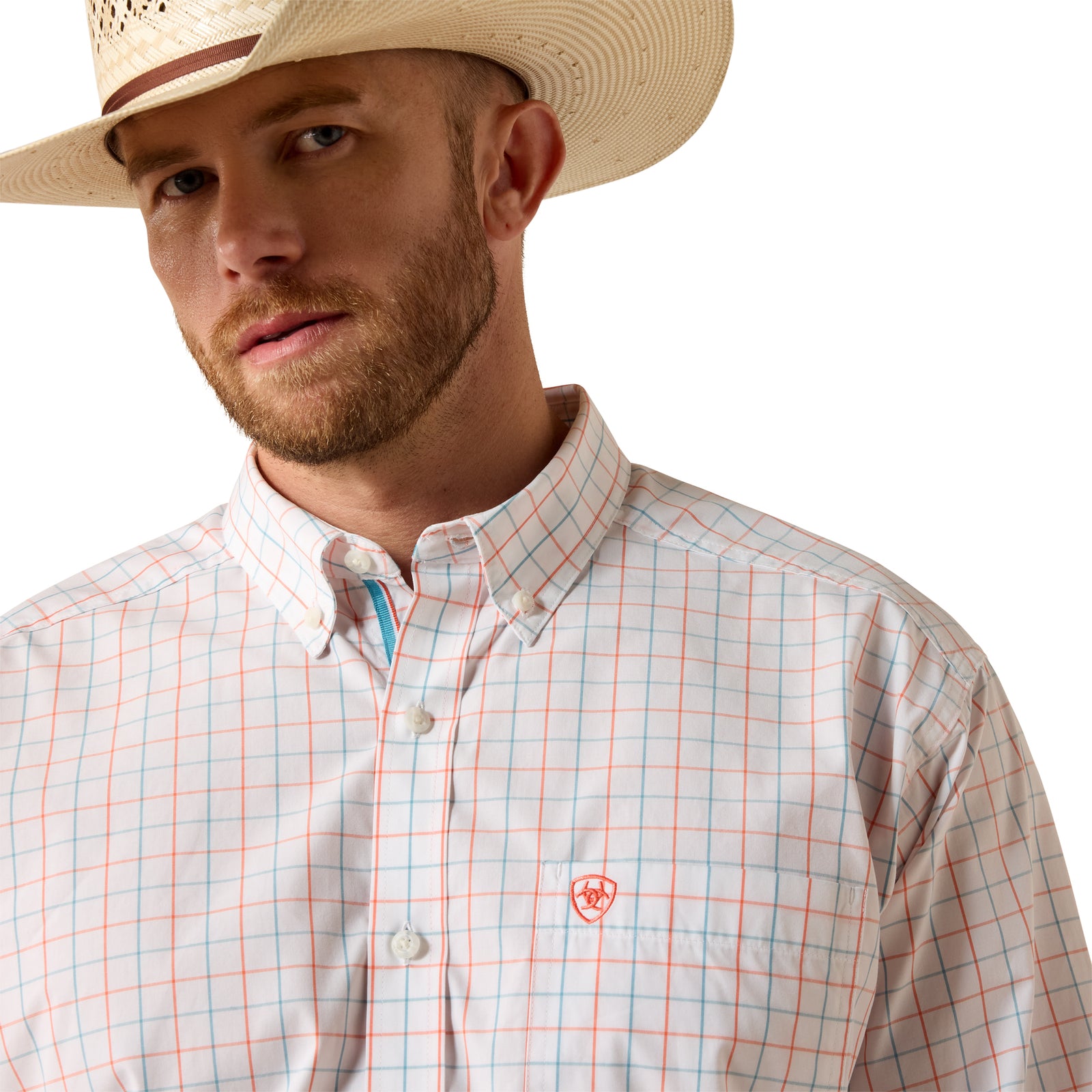 Man wearing a checkered shirt and cowboy hat on a white background