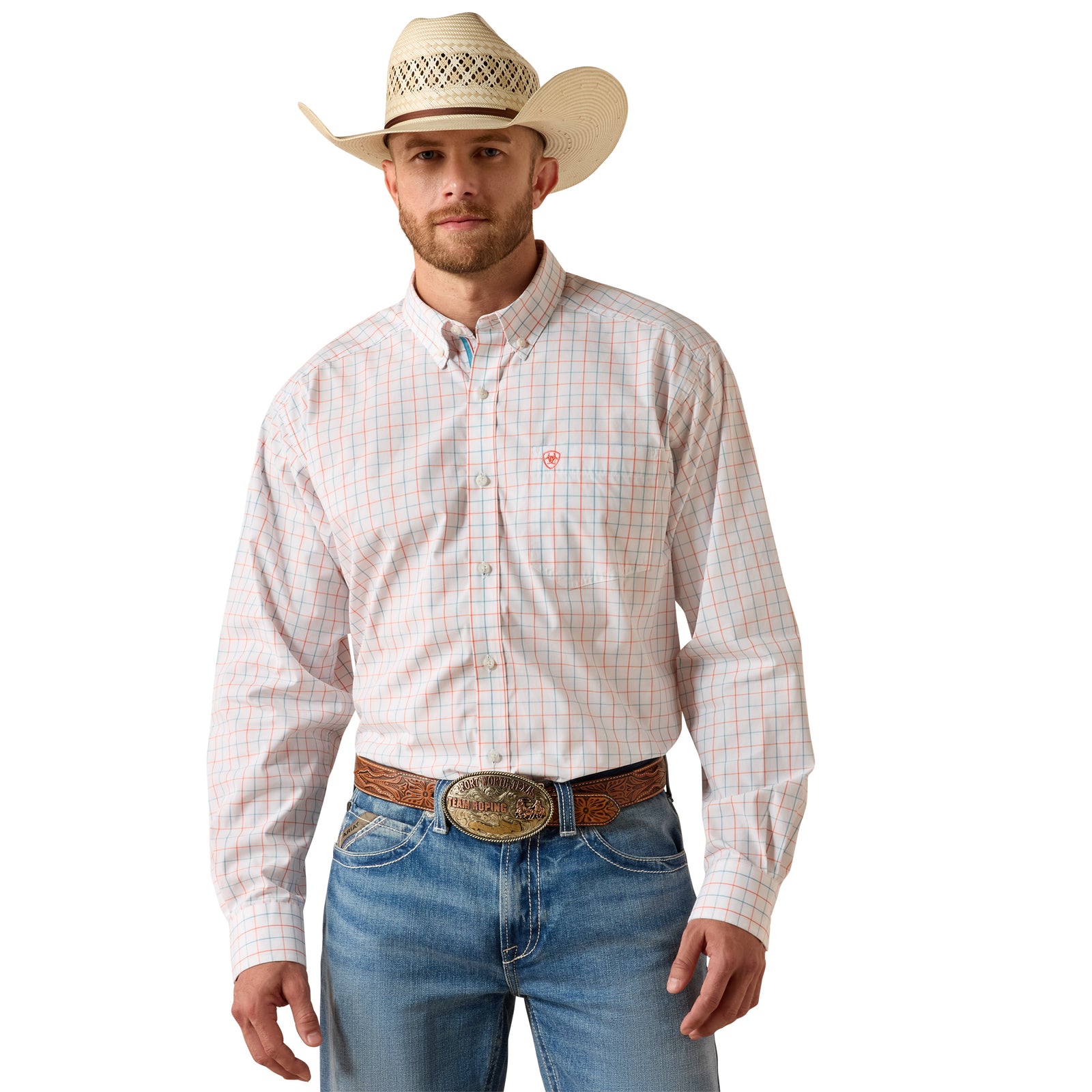 Man wearing a plaid shirt, jeans, and a cowboy hat on a white background