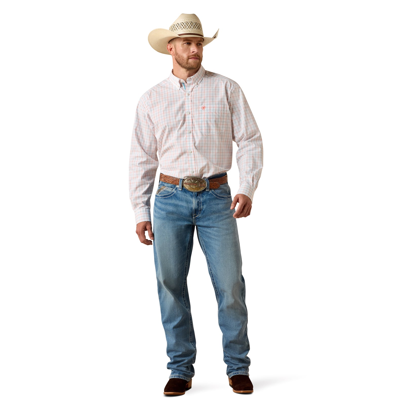 Man wearing a white shirt, blue jeans, and a cowboy hat on a white background