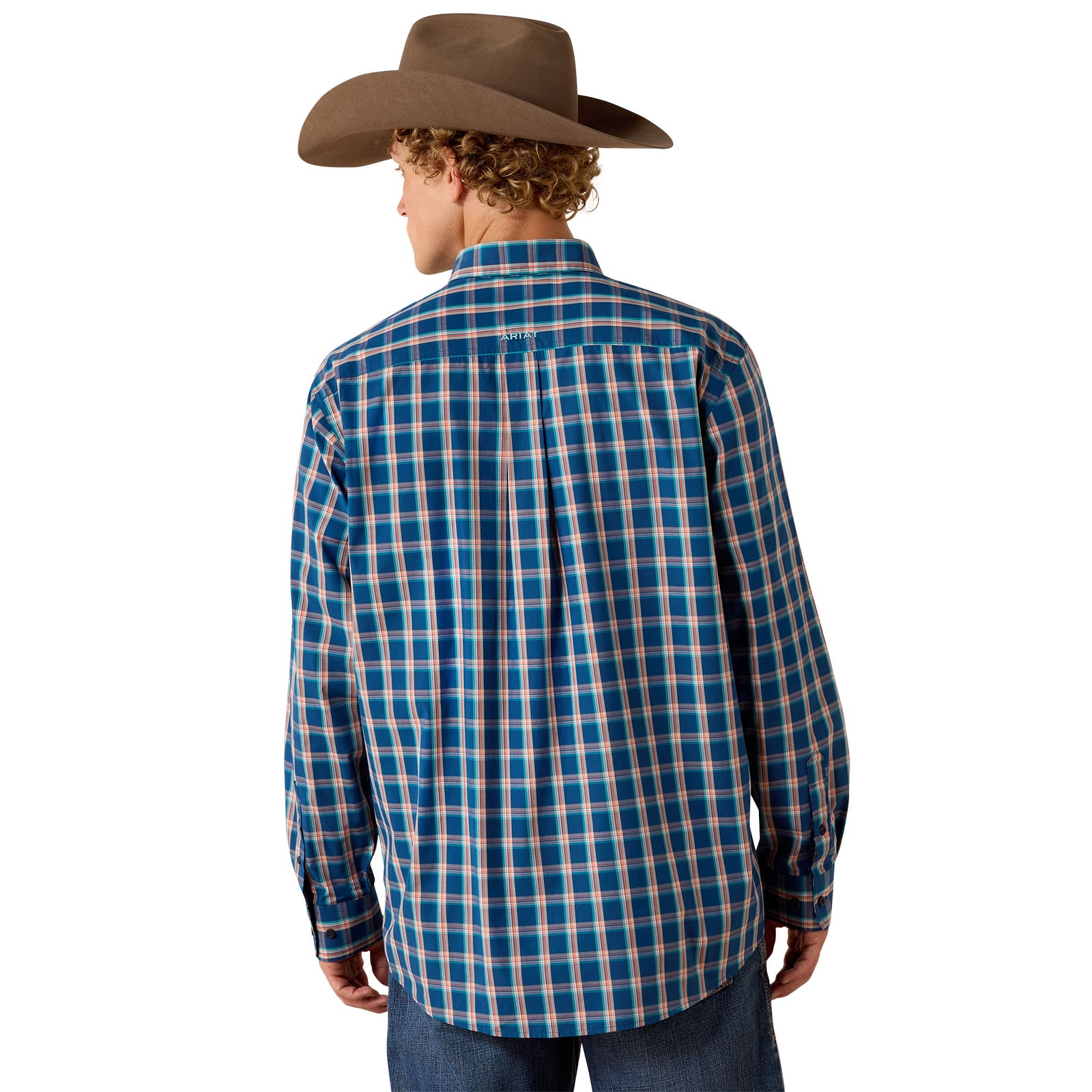 A man wearing a brown cowboy hat and a blue, white, and orange plaid western shirt, shown from the back against a white background.