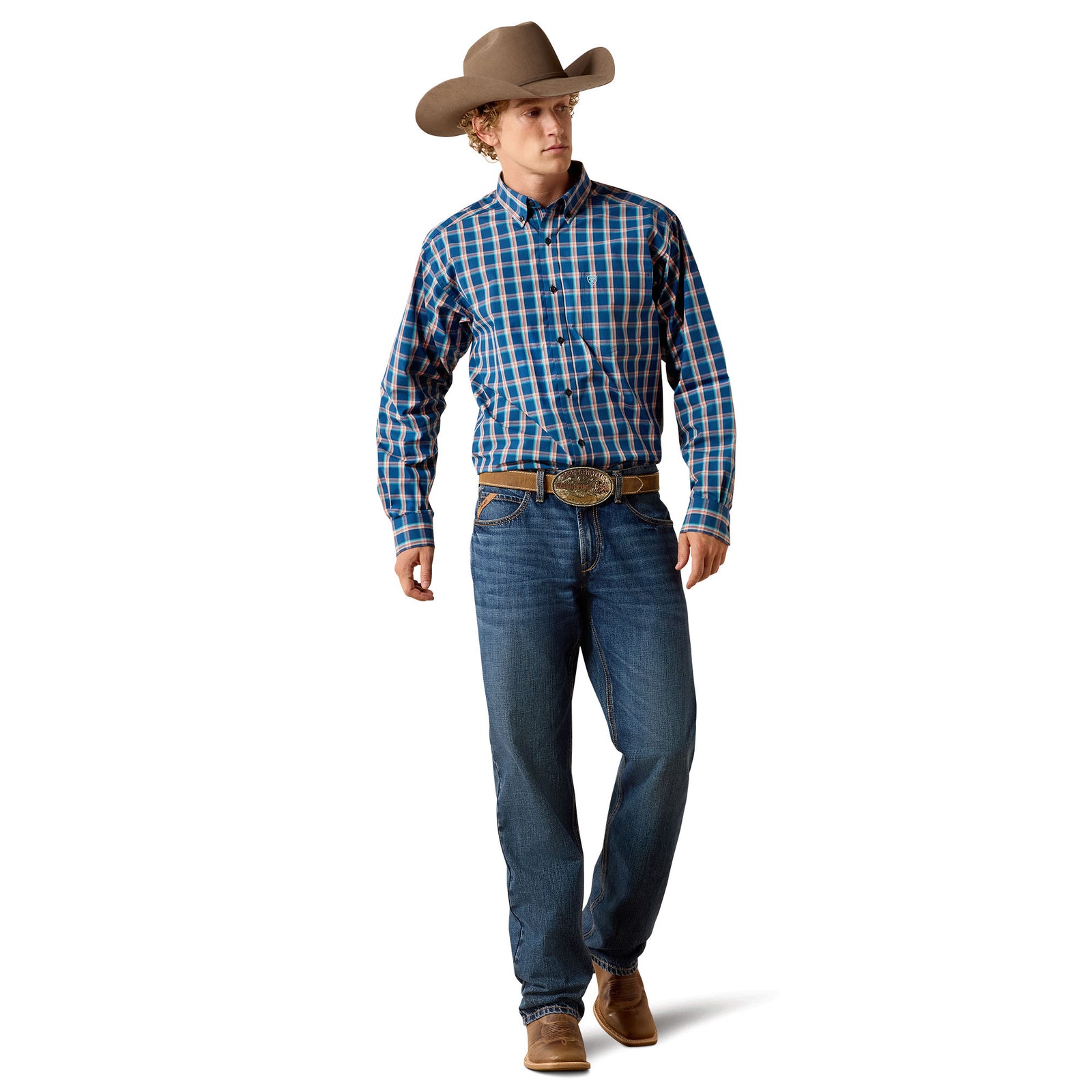 A man modeling a blue and white checkered long-sleeve western shirt, paired with blue jeans, a brown cowboy hat, and brown boots against a plain white background.